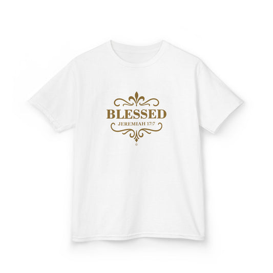 Blessed (Gold Lettering) Kids Tee, Faith-based Inspirational Apparel, Gift for Believers, Youth Fashion, Bible Verse Shirt, Meaningful Gift