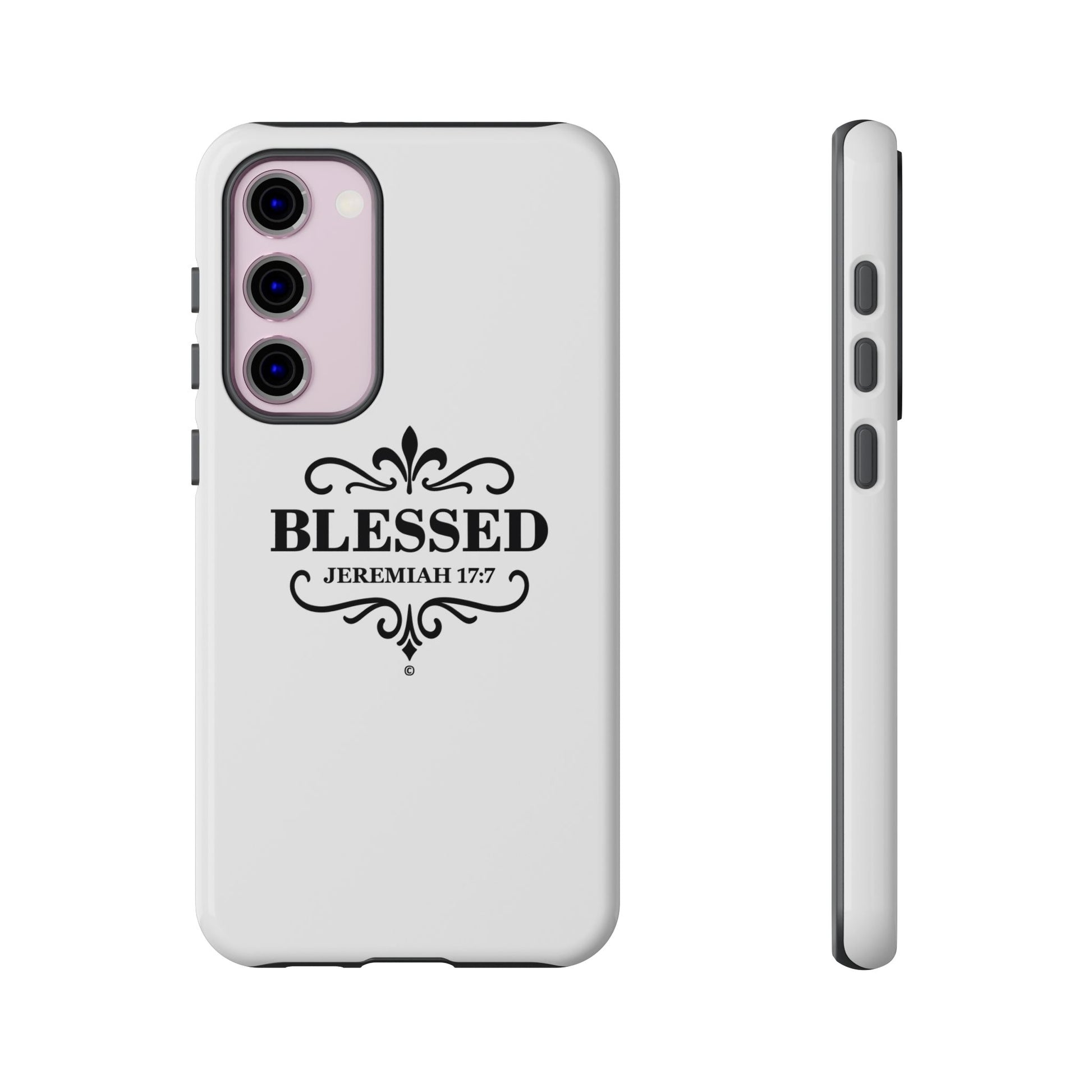 Blessed (Black Lettering), Rugged Phone Case, Inspirational Mobile Cover, Gift for Faith Lovers, Faith-Based Protector - Cross Apparel USA