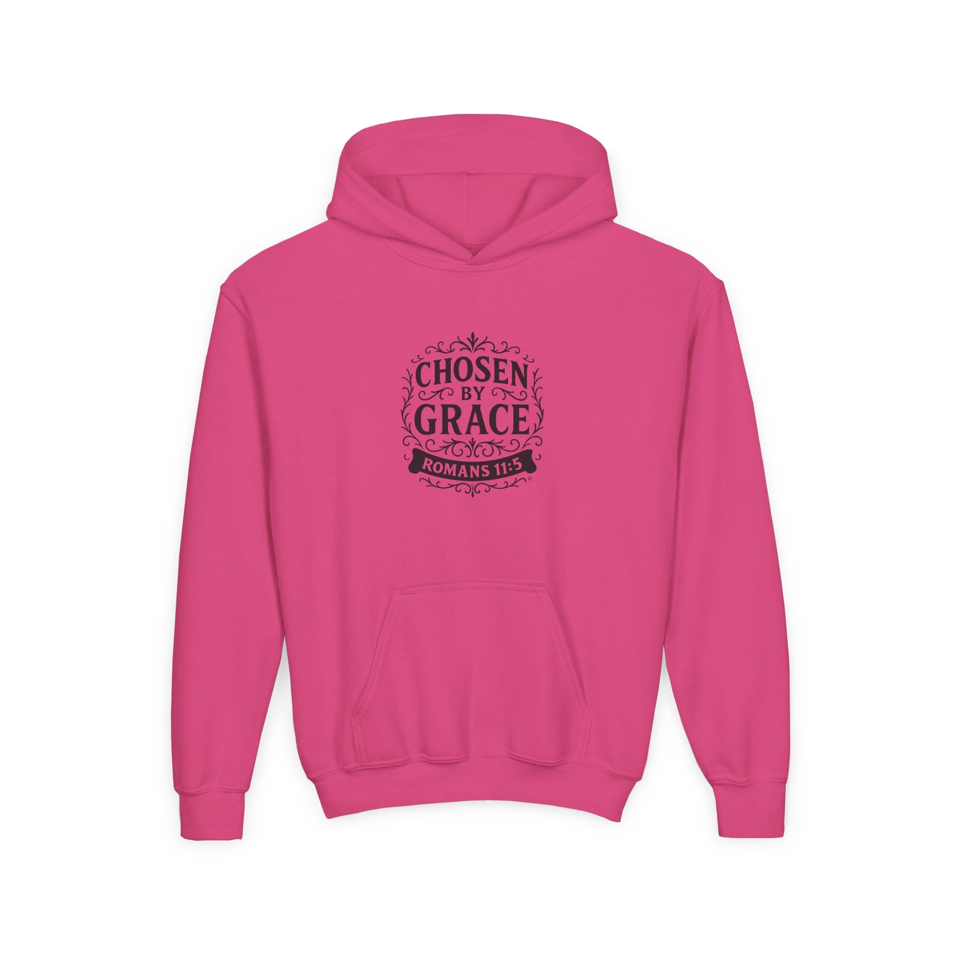Chosen by Grace (Black Lettering) Youth Heavy Blend Hooded Sweatshirt - Cross Apparel USA