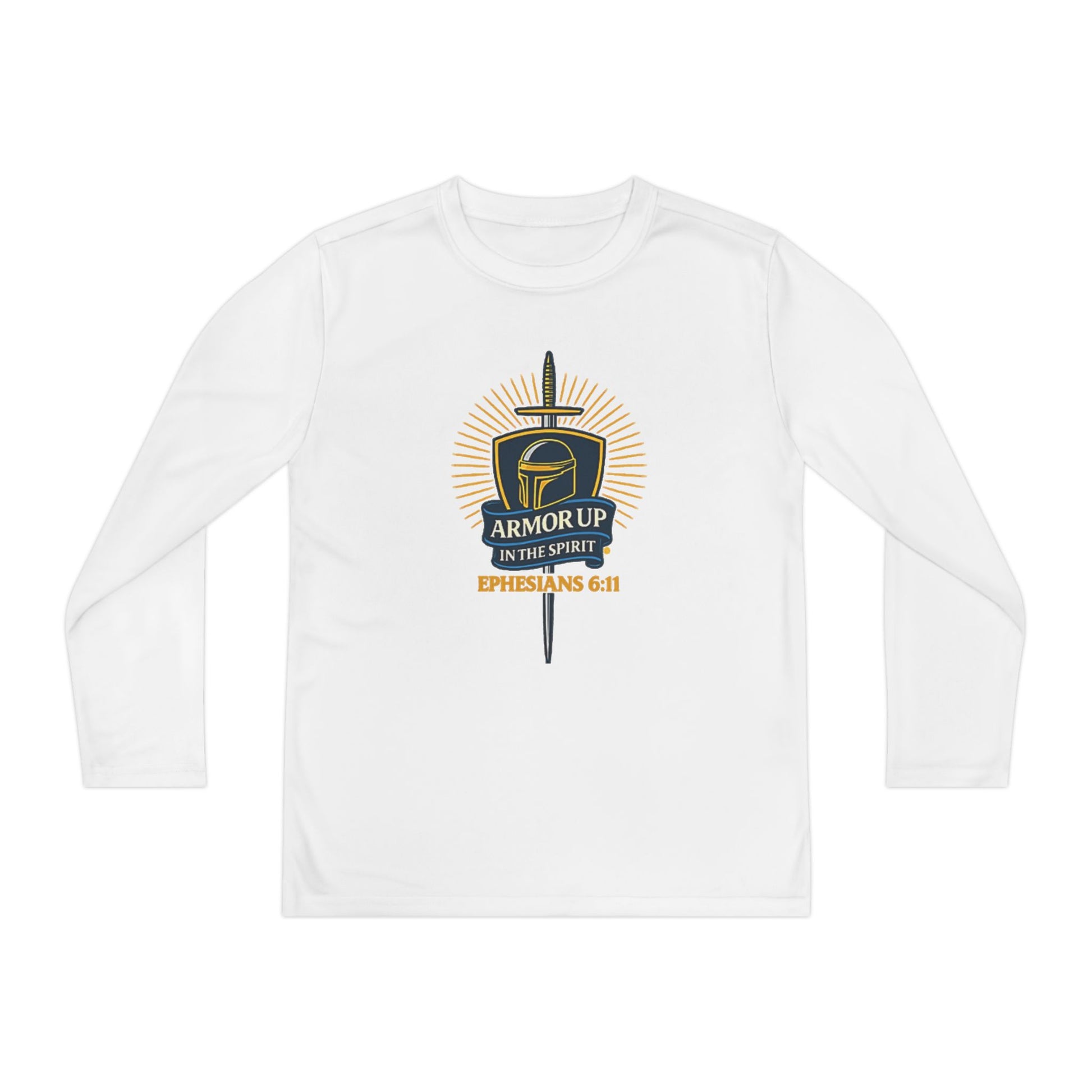 Armor Up (Blue & Gold Lettering) Youth Long Sleeve Armor Up Tee - Motivational Christian Shirt for Kids, Faith-Based Gift, Religious Apparel, Ephesians 6:10 - Cross Apparel USA