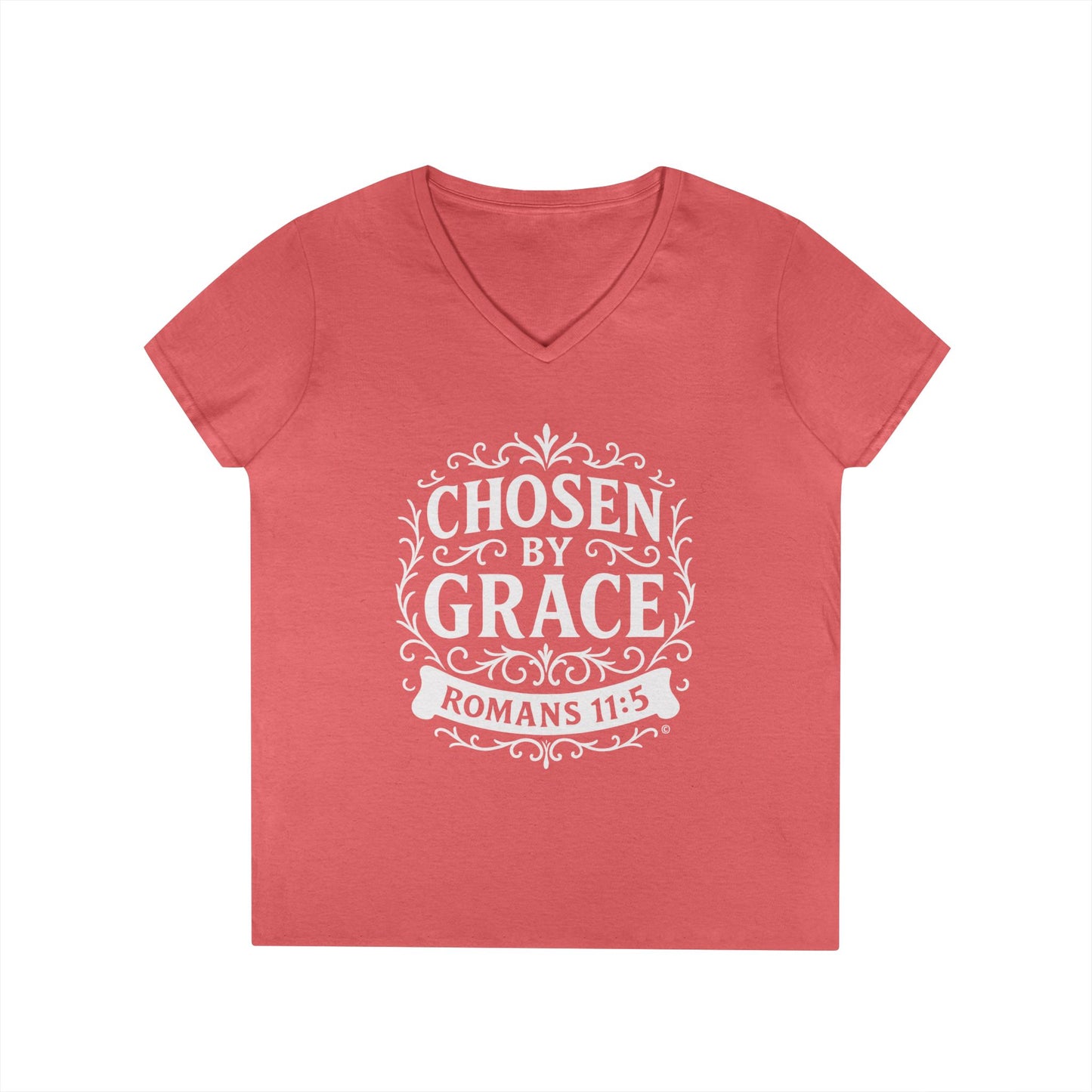 Chosen by Grace (White Lettering) Ladies V-Neck T-Shirt, Inspirational Gift, Faith-Based Gift