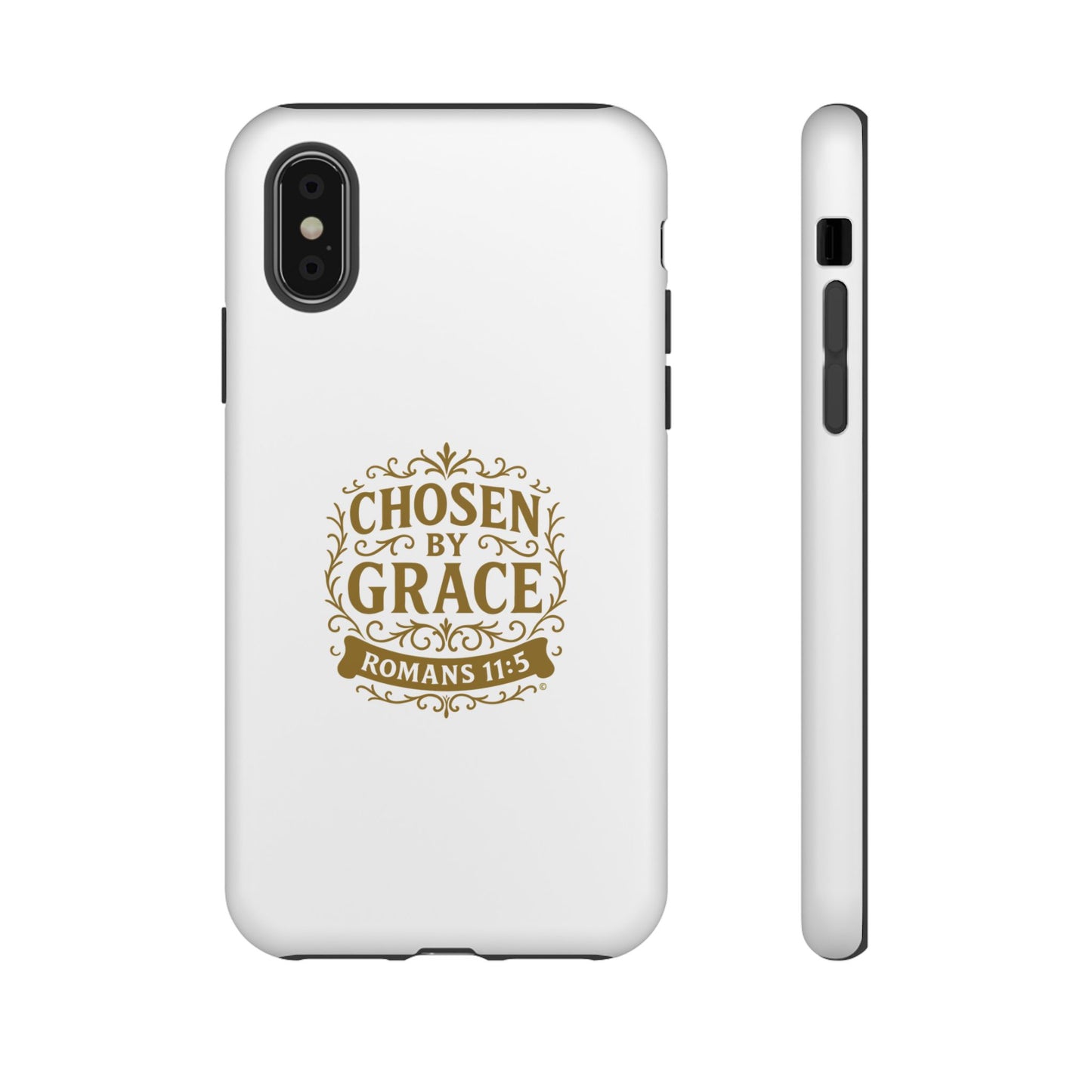 Chosen by Grace (Gold Lettering), Rugged Phone Case, Inspirational Mobile Cover, Gift for Faith Lovers, Faith-Based Protector - Cross Apparel USA