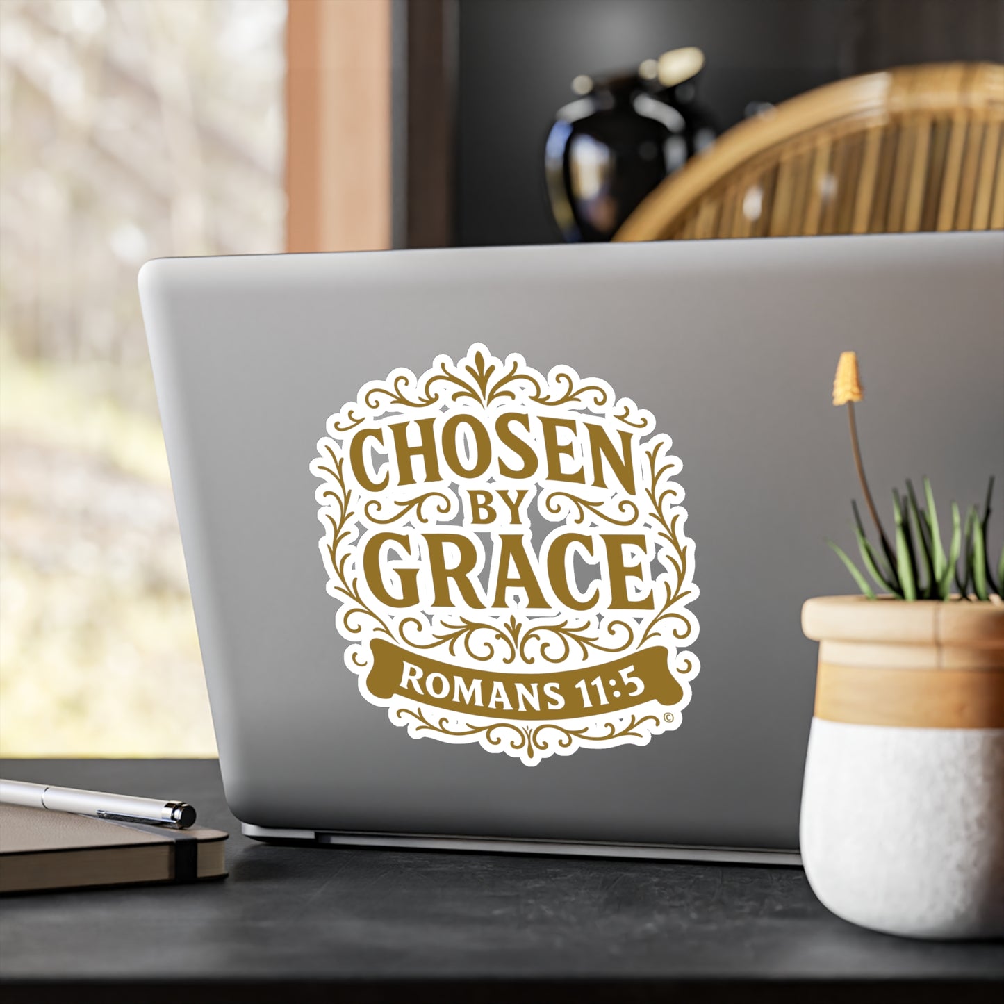 Chosen by Grace (Gold Lettering) Kiss-Cut Vinyl Decals, Inspirational Wall Art, Faith-Based Gifts, Perfect for Students - Cross Apparel USA
