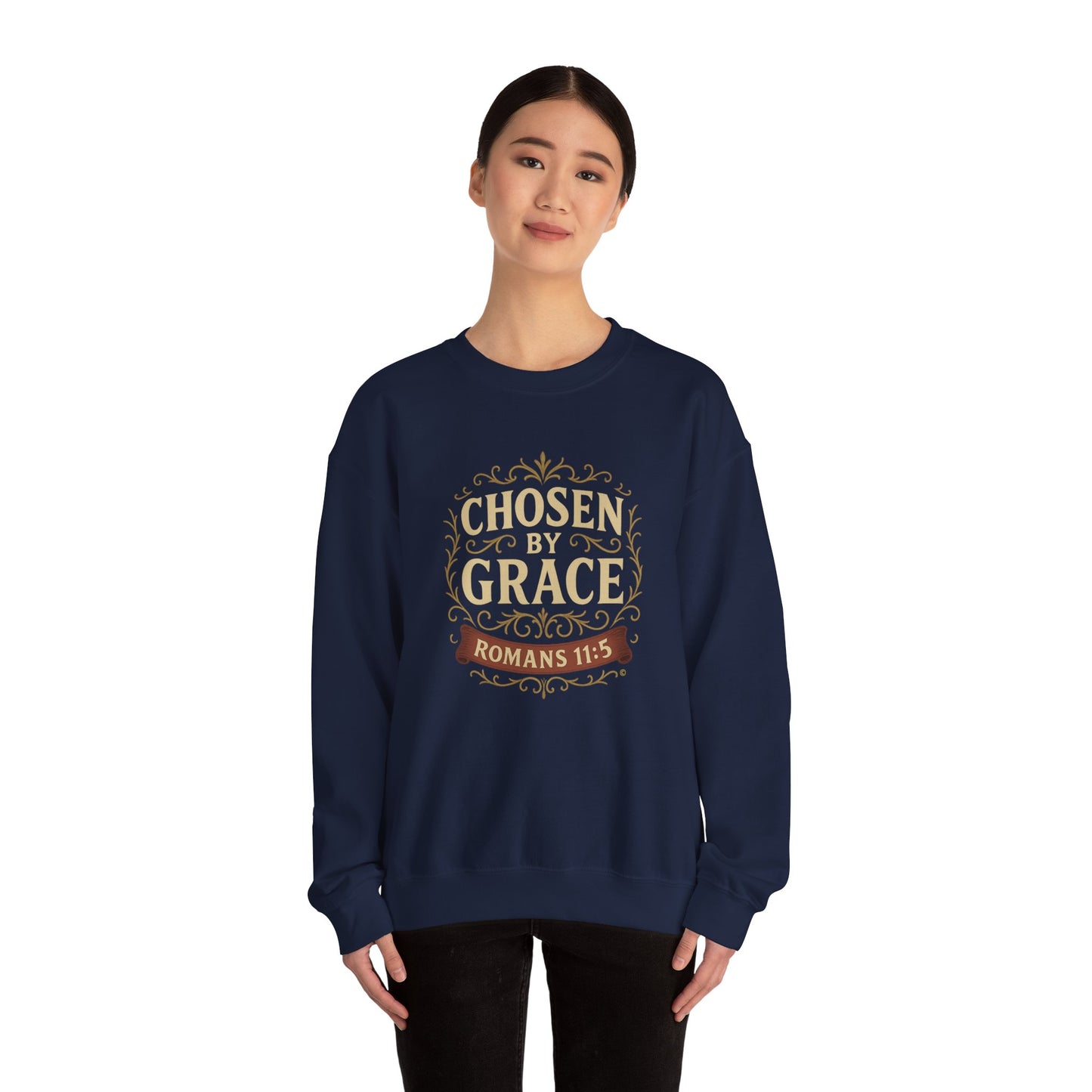 Chosen by Grace (Full Color) Unisex Crewneck Sweatshirt - Inspirational Gift, Christian Apparel, Faith-Based Fashion, Cozy Casual Wear, Bible Verse Sweatshirt