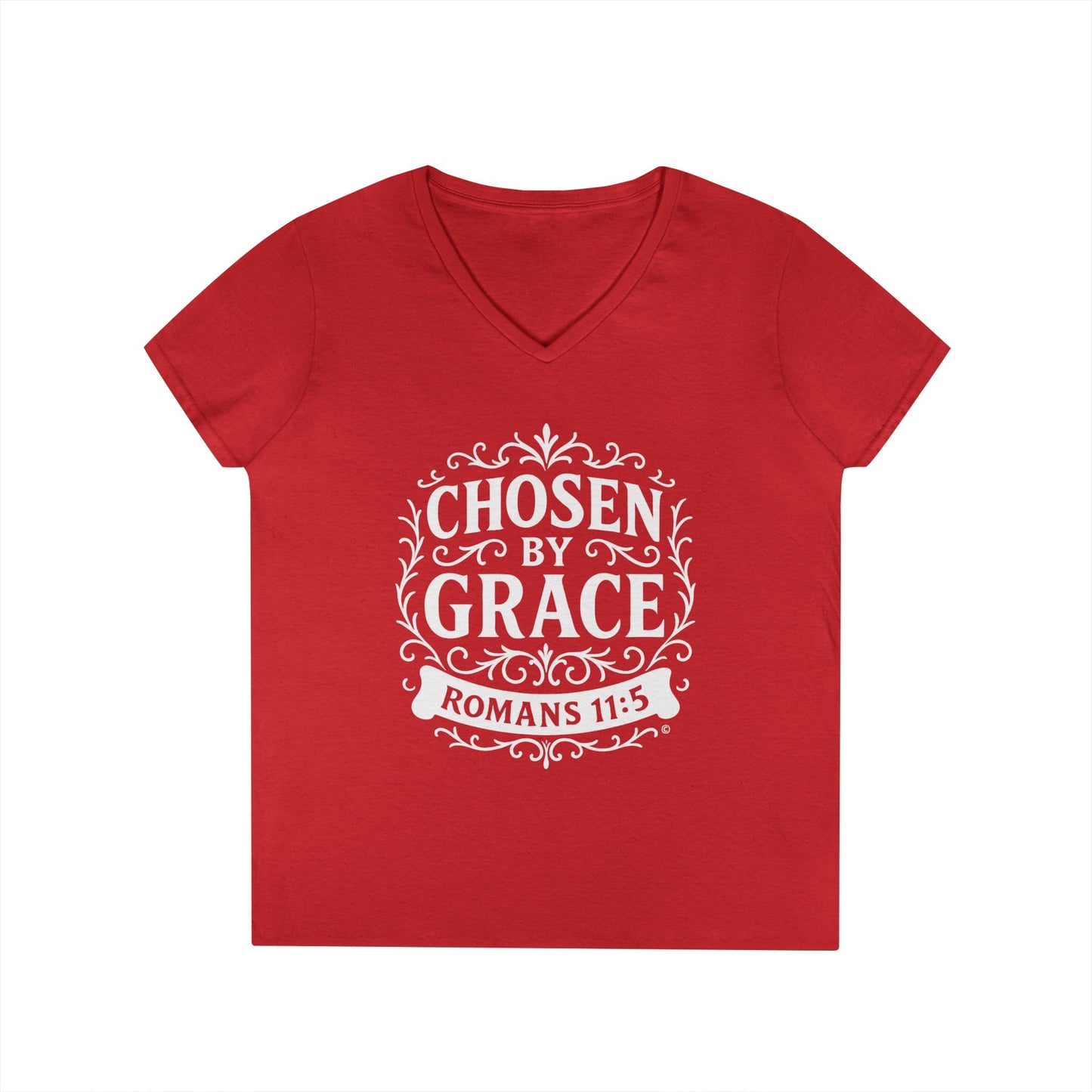 Chosen by Grace (White Lettering) Ladies V-Neck T-Shirt, Inspirational Gift, Faith-Based Gift
