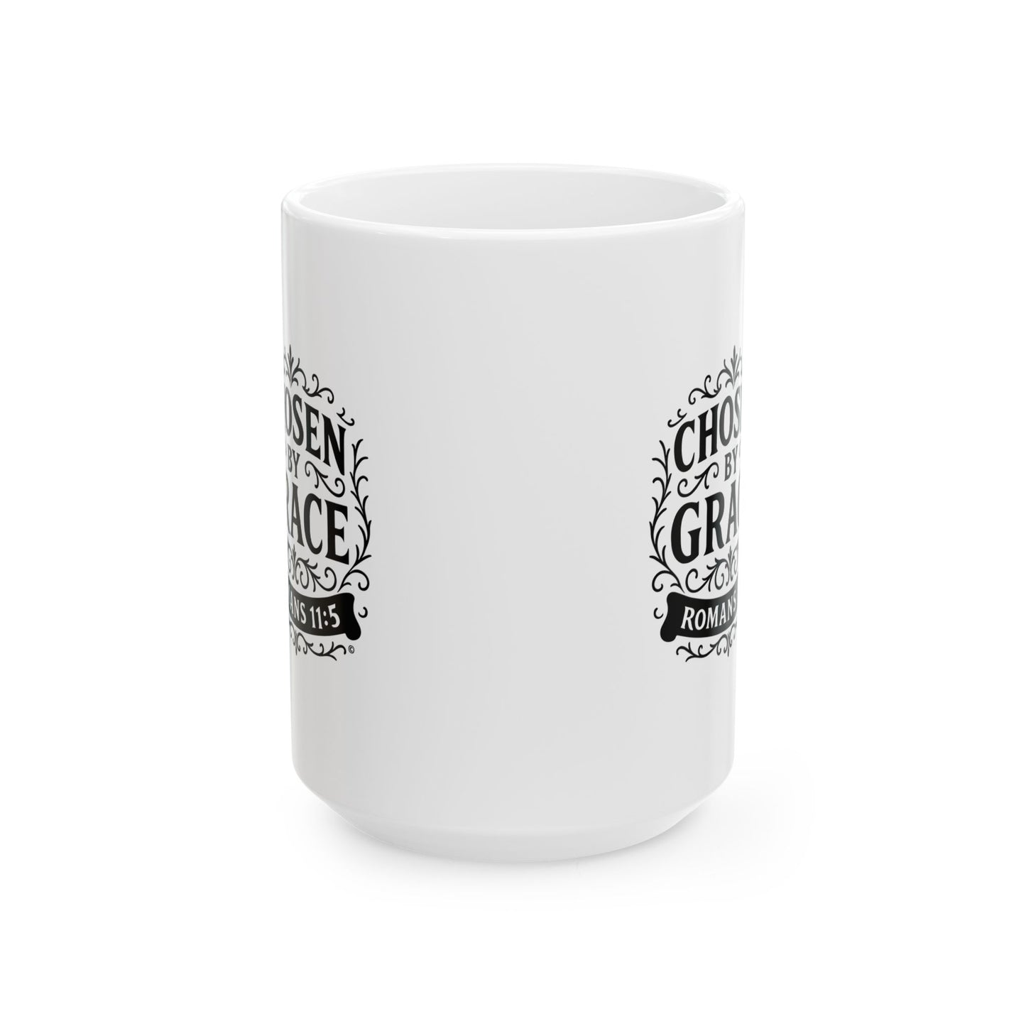 Chosen by Grace (Black Lettering) Ceramic Mug, Inspirational Gift, Coffee Cup for Faith, Gift of Believers, Devotional Drinkware (11oz, 15oz) - Cross Apparel USA