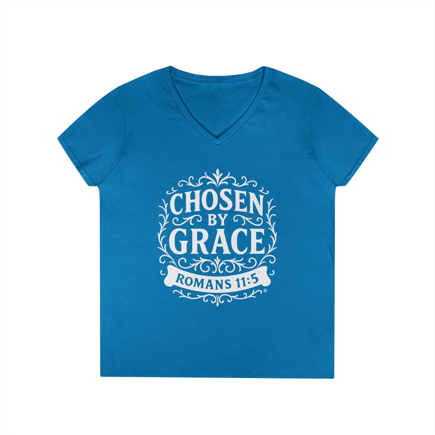Chosen by Grace (White Lettering) Ladies V-Neck T-Shirt, Inspirational Gift, Faith-Based Gift
