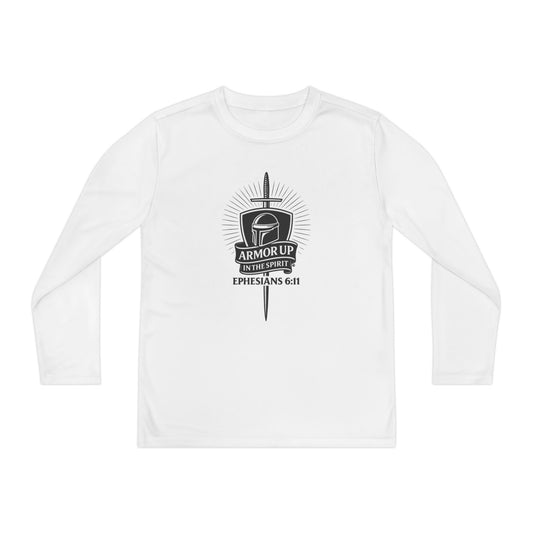 Armor Up (Black Lettering) Youth Long Sleeve Armor Up Tee - Inspirational Shirt for Kids, Faith-Based Apparel, Gifts for Believers