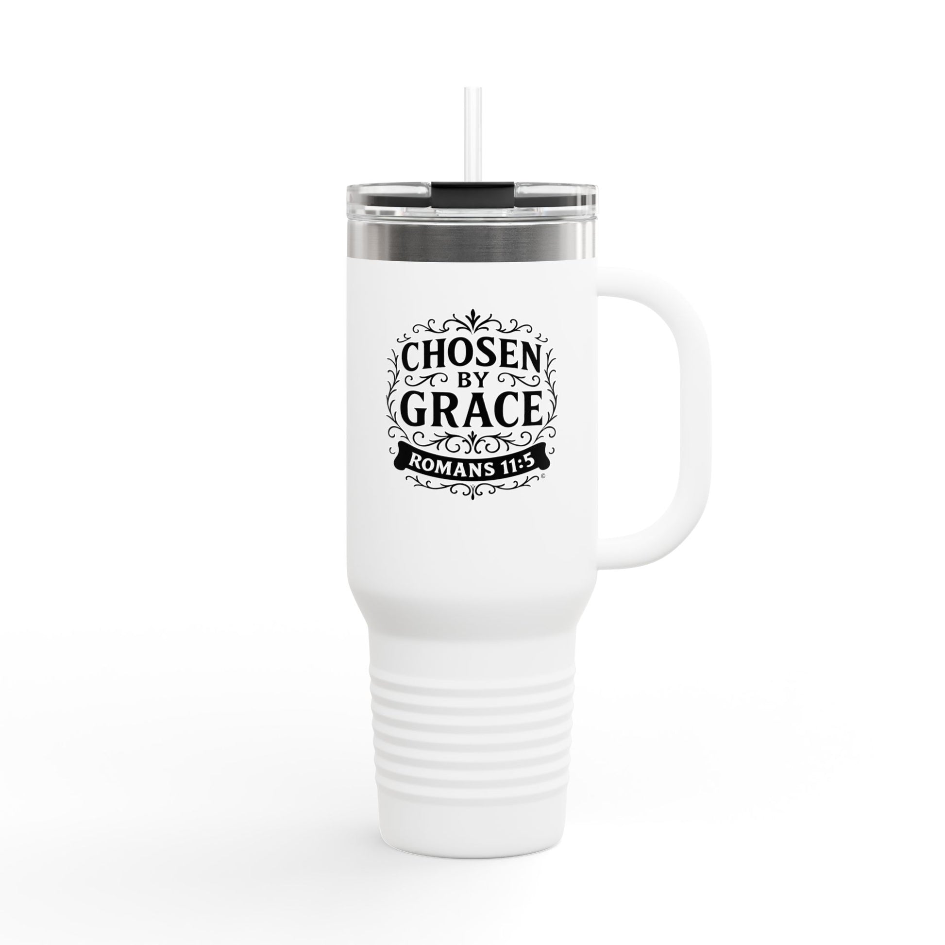 Chosen by Grace (Black Lettering) Insulated Travel Mug, 40oz - Motivational Drinkware, Perfect for Believers, Inspirational Designs - Cross Apparel USA