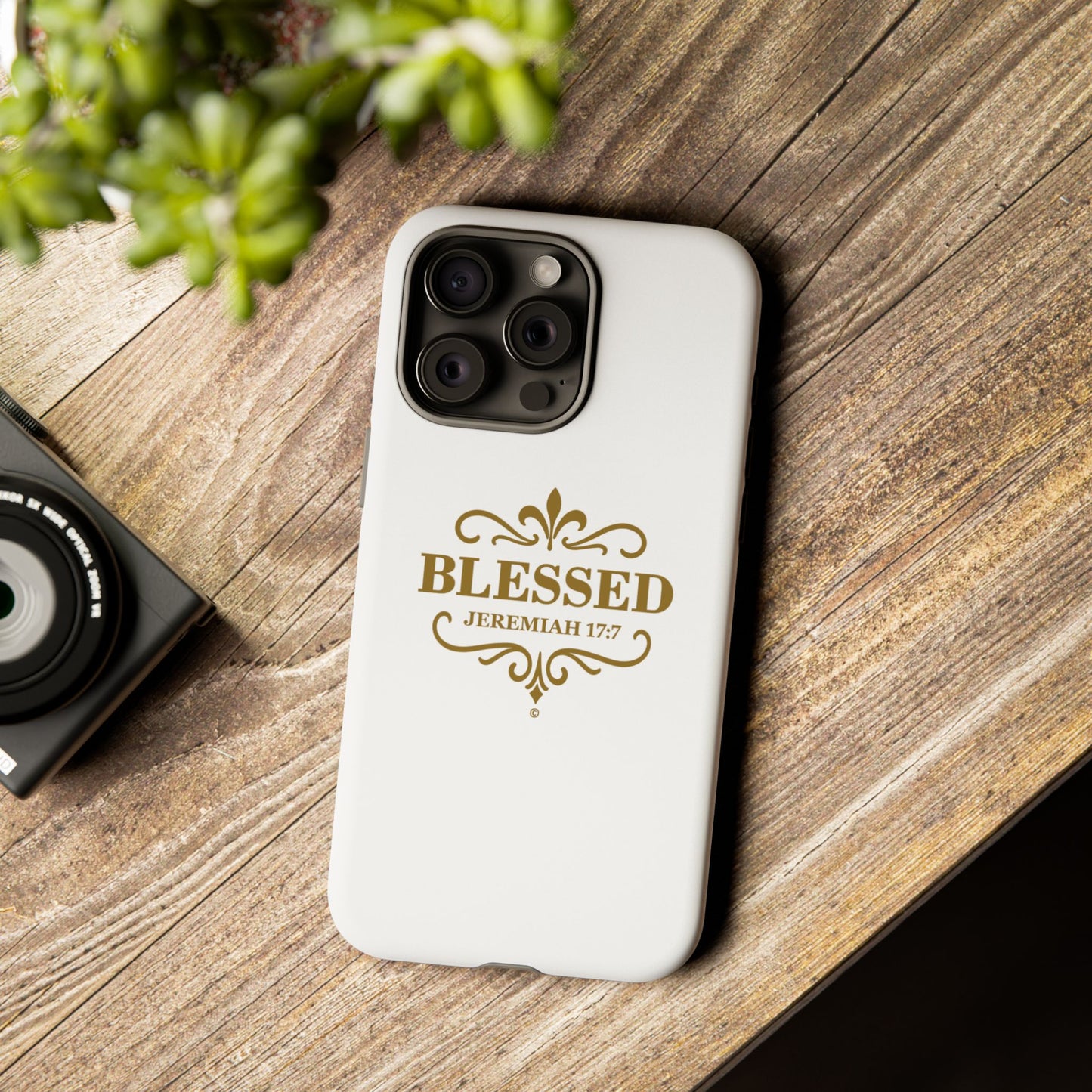 Blessed (Gold Lettering), Rugged Phone Case, Inspirational Mobile Cover, Gift for Faith Lovers, Faith-Based Protector - Cross Apparel USA