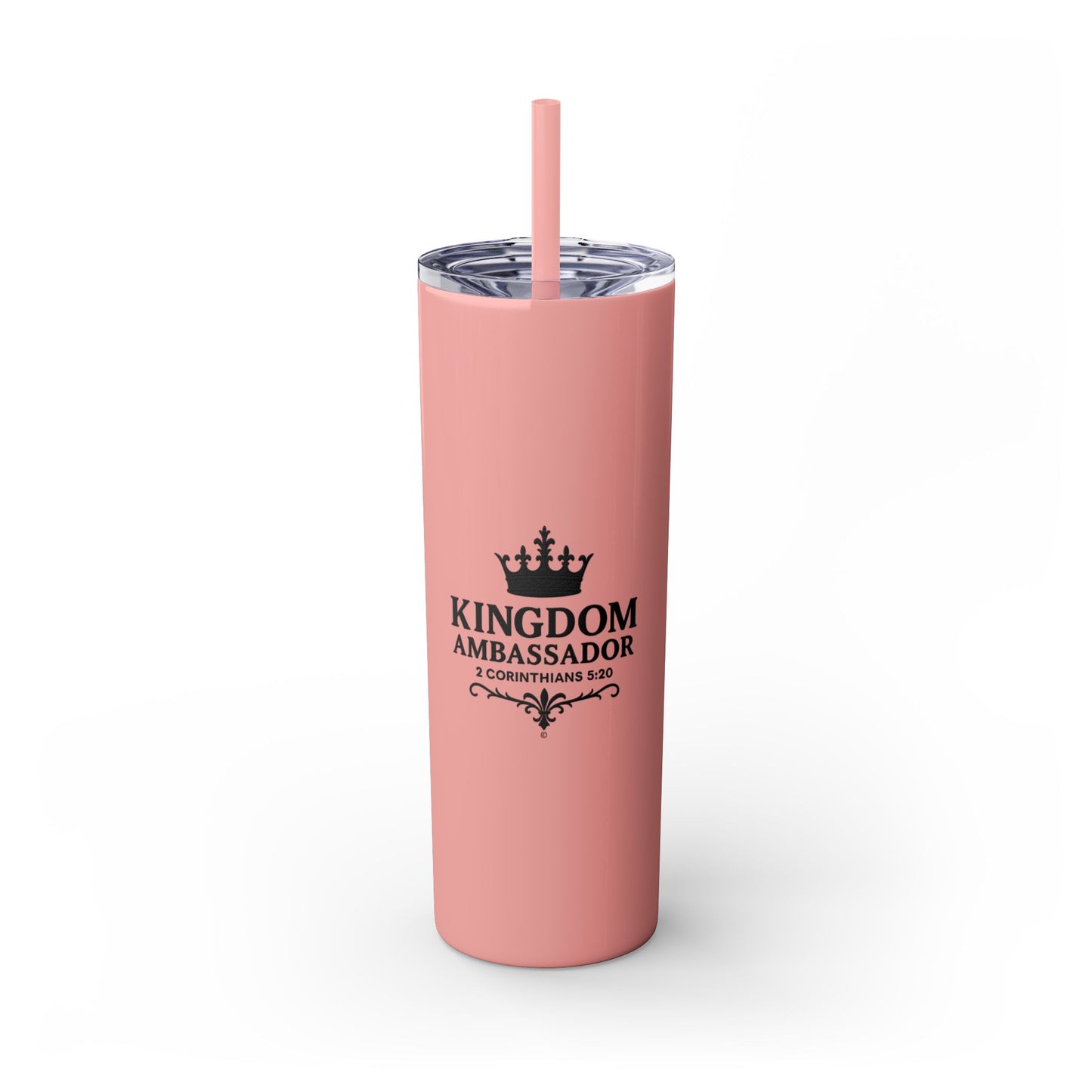 Kingdom Ambassador (Black Lettering) Stylish Skinny Tumbler with Straw, 20oz - Perfect Gift for Believers, Travel Mug, Insulated Drinkware, Inspirational Cup - Cross Apparel USA