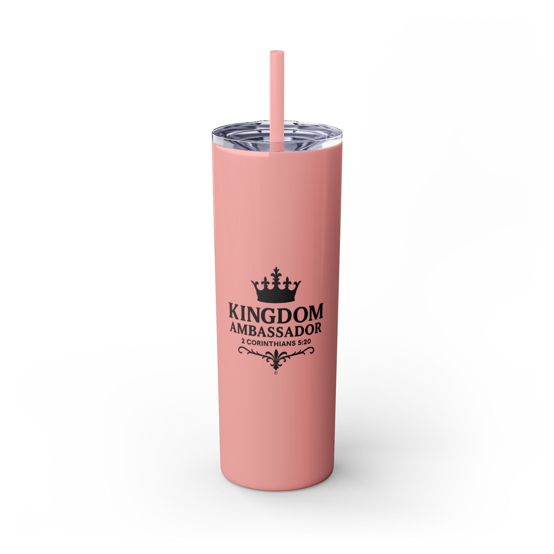 Kingdom Ambassador (Black Lettering) Stylish Skinny Tumbler with Straw, 20oz - Perfect Gift for Believers, Travel Mug, Insulated Drinkware, Inspirational Cup - Cross Apparel USA