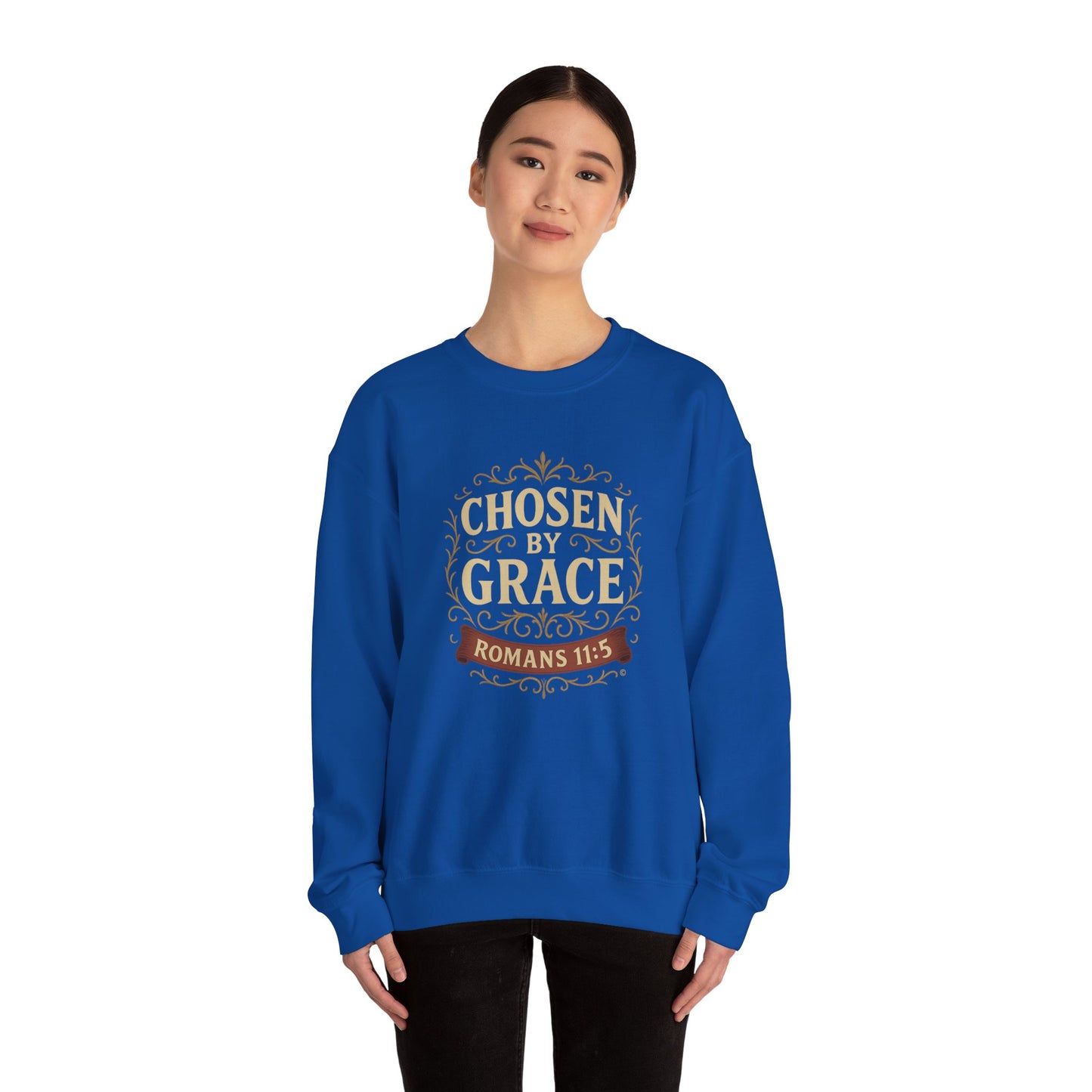 Chosen by Grace (Full Color) Unisex Crewneck Sweatshirt - Inspirational Gift, Christian Apparel, Faith-Based Fashion, Cozy Casual Wear, Bible Verse Sweatshirt