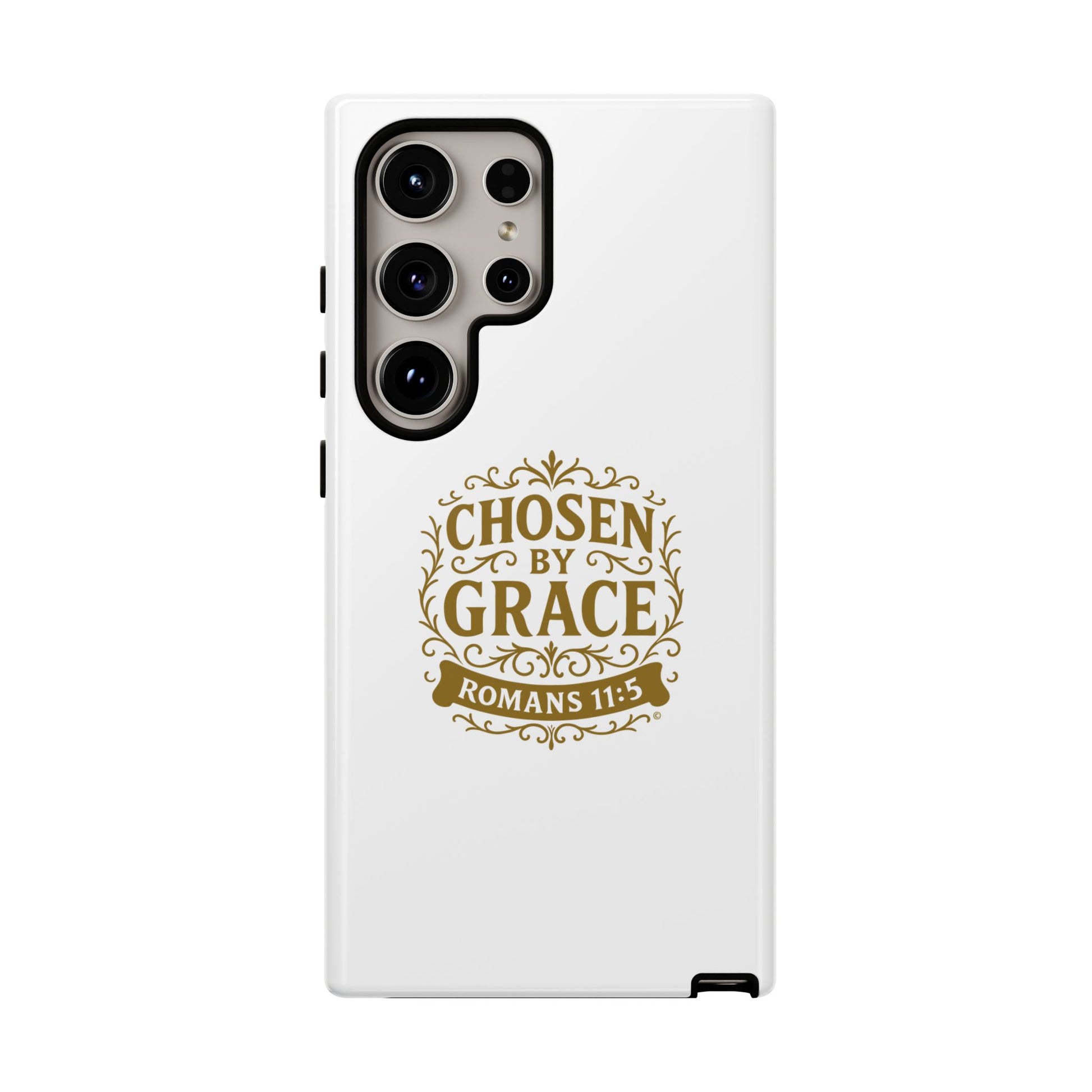 Chosen by Grace (Gold Lettering), Rugged Phone Case, Inspirational Mobile Cover, Gift for Faith Lovers, Faith-Based Protector - Cross Apparel USA