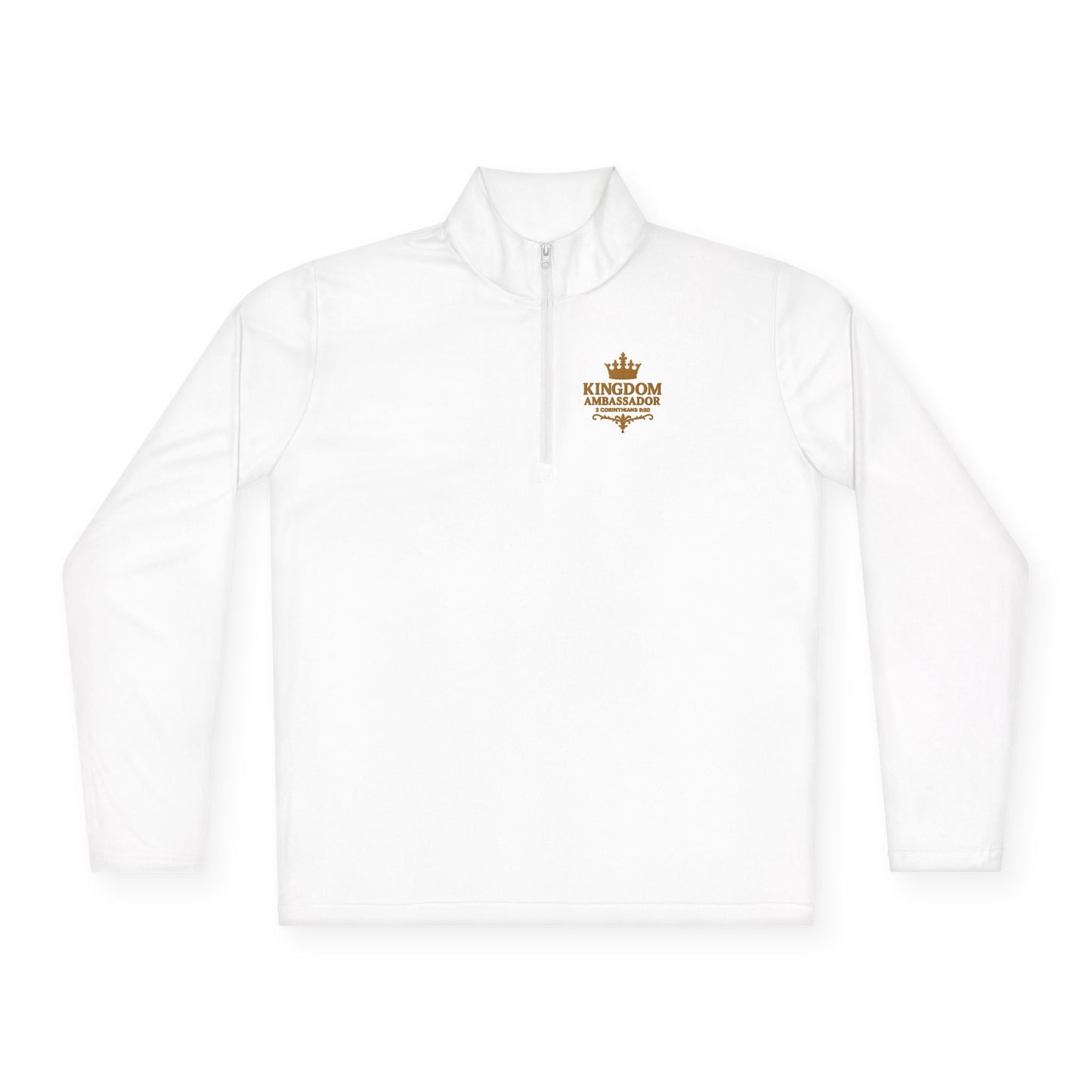 Kingdom Ambassador (Gold Lettering with Small Design on Front and Full Design on the Back Side) Stylish Unisex Quarter-Zip Pullover for Everyday Comfort, Cozy Apparel, Trendy Layering, Casual Wear, Great for Believers