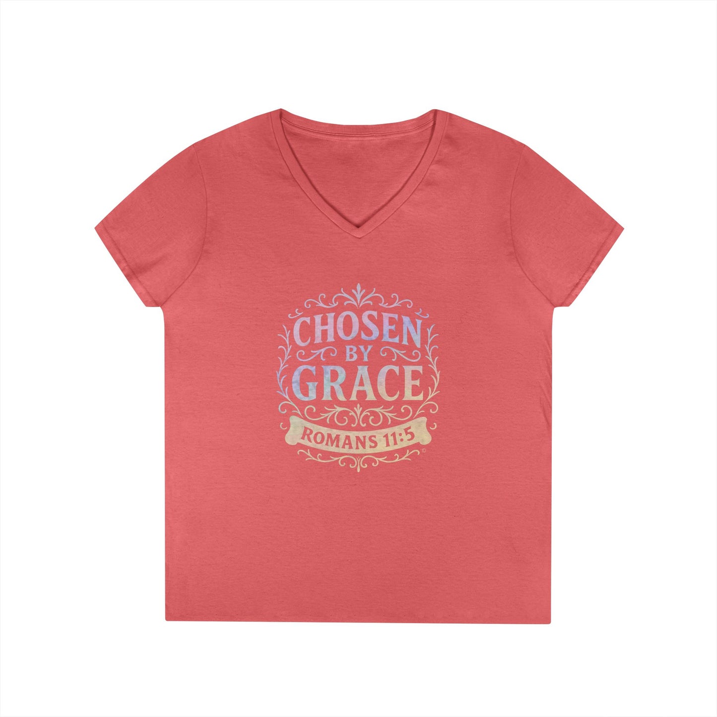 Chosen by Grace (Multi-color Limited Edition) Ladies V-Neck T-Shirt, Inspirational Gift, Faith-Based Gift - Cross Apparel USA