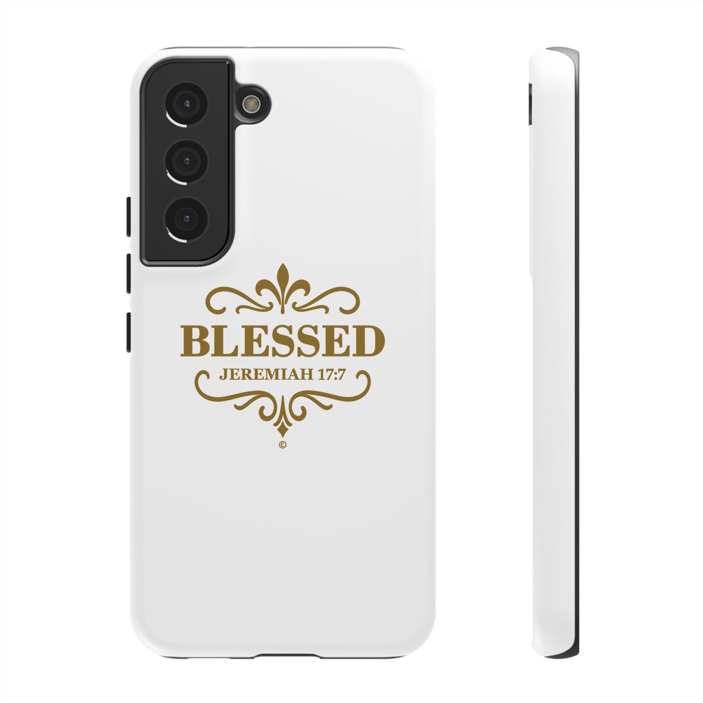 Blessed (Gold Lettering), Rugged Phone Case, Inspirational Mobile Cover, Gift for Faith Lovers, Faith-Based Protector - Cross Apparel USA