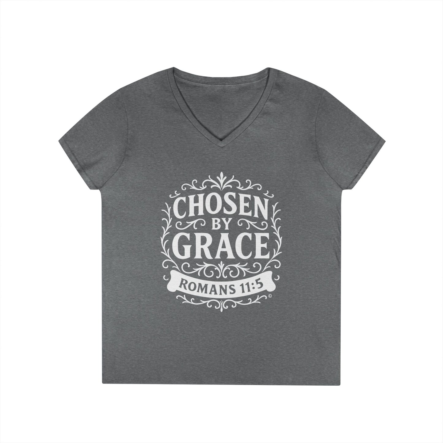 Chosen by Grace (White Lettering) Ladies V-Neck T-Shirt, Inspirational Gift, Faith-Based Gift