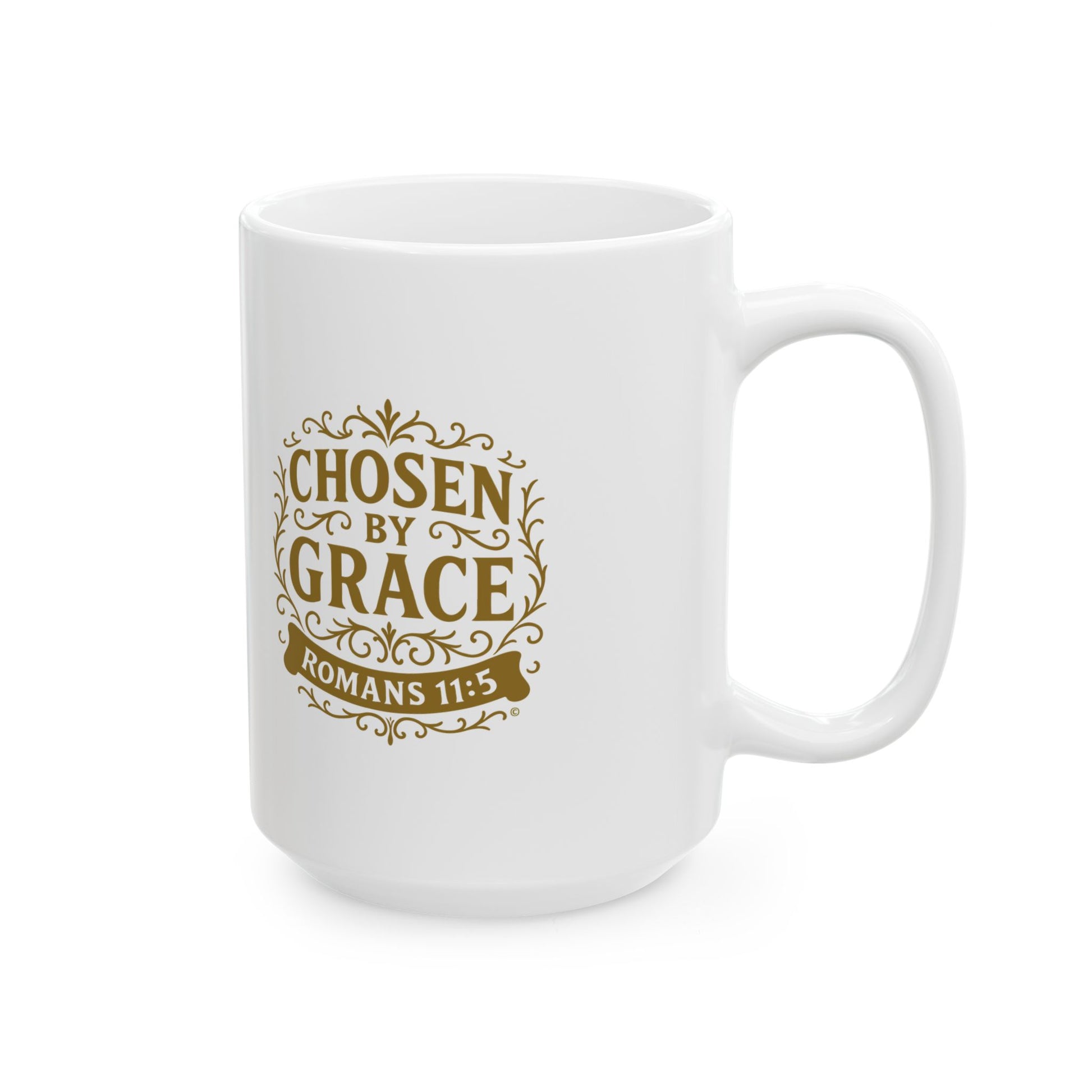 Chosen by Grace (Gold Lettering) Ceramic Mug, Inspirational Gift, Coffee Cup for Faith, Gift of Believers, Devotional Drinkware (11oz, 15oz) - Cross Apparel USA