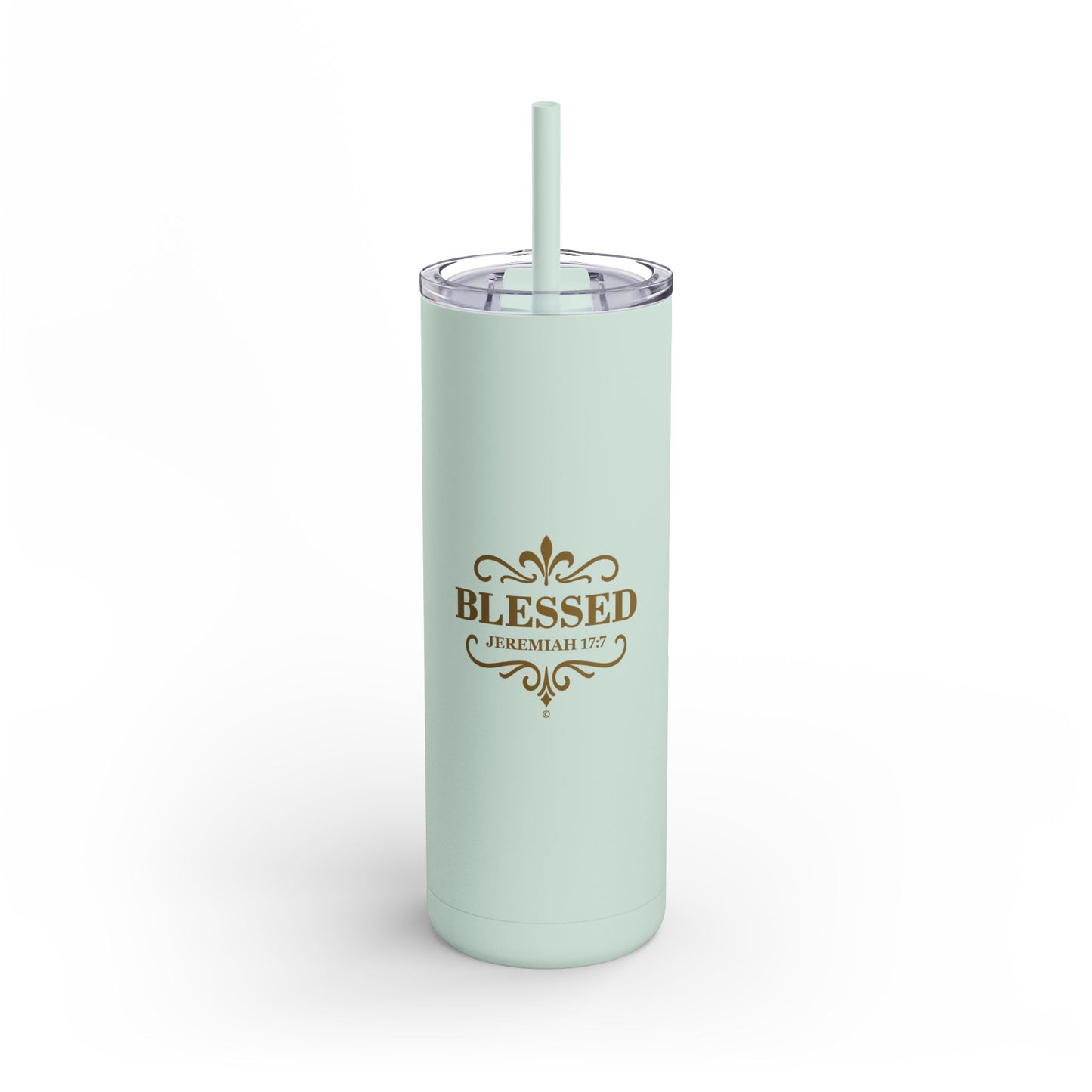 Blessed (Gold Lettering) 20oz Skinny Tumbler, Inspirational Travel Mug, Unique Gift for Faith Lovers, Bible Verse Drinkware, Motivational Water Bottle - Cross Apparel USA