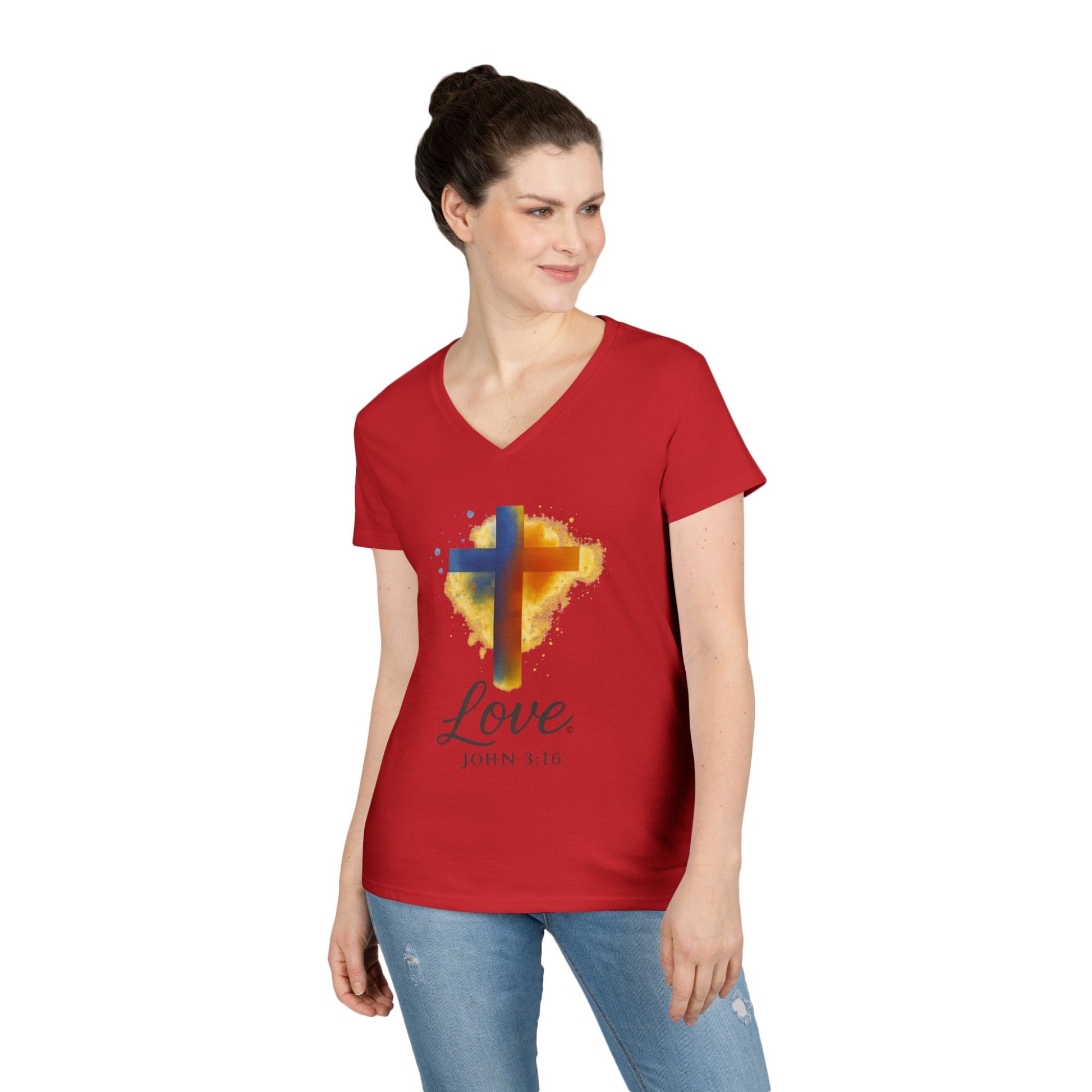 Love (Full Color) Ladies V-Neck T-Shirt, Inspirational Gift, Faith-Based Gift - Cross Apparel USA