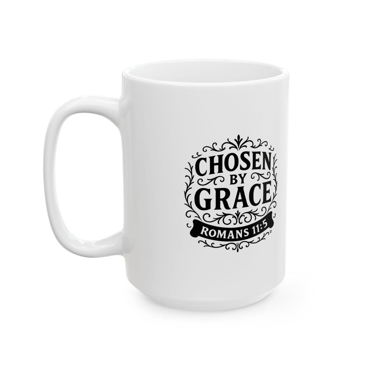 Chosen by Grace (Black Lettering) Ceramic Mug, Inspirational Gift, Coffee Cup for Faith, Gift of Believers, Devotional Drinkware (11oz, 15oz) - Cross Apparel USA