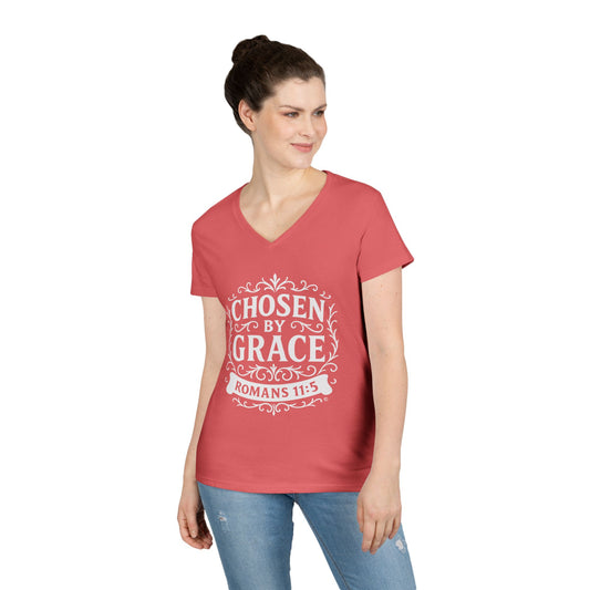 Chosen by Grace (White Lettering) Ladies V-Neck T-Shirt, Inspirational Gift, Faith-Based Gift
