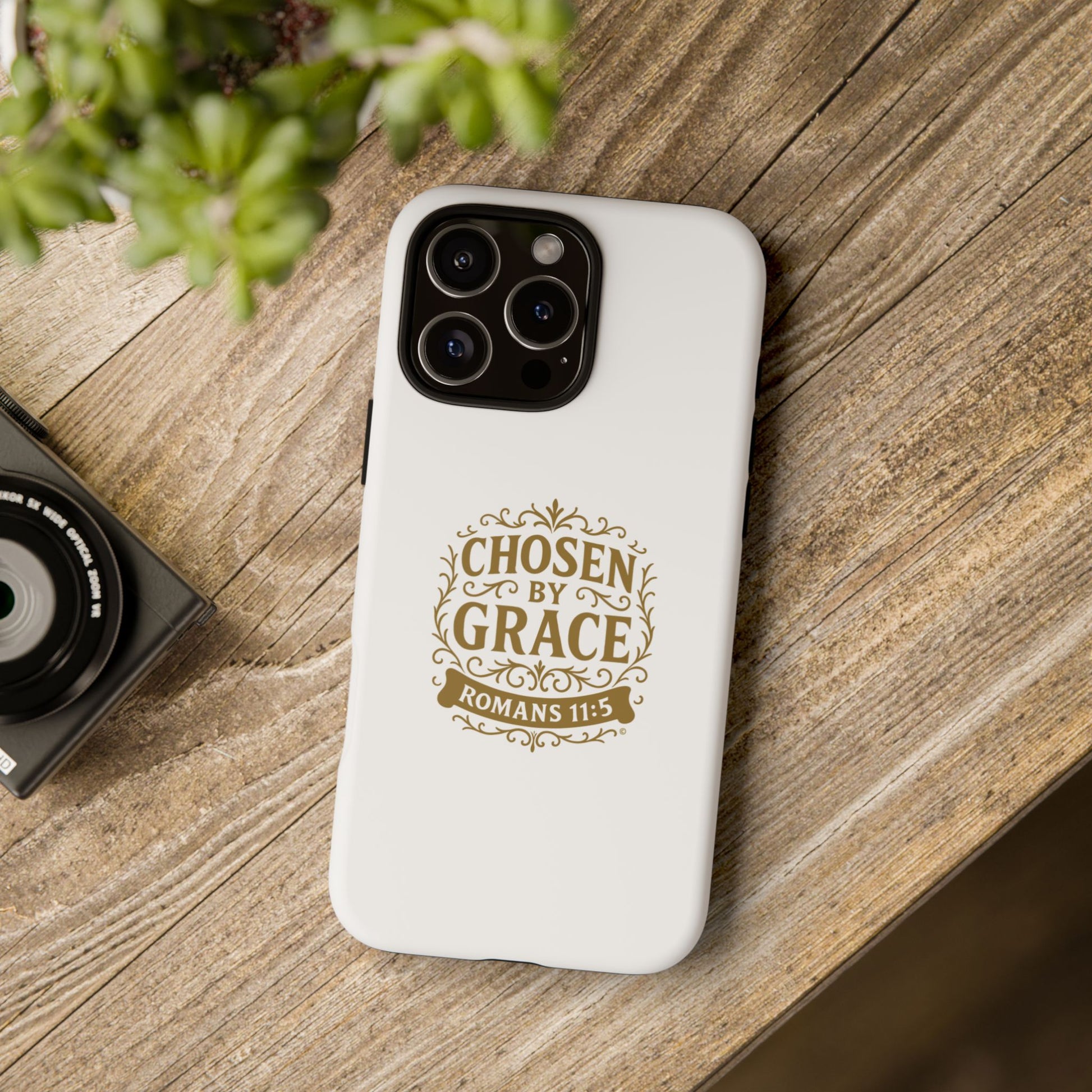 Chosen by Grace (Gold Lettering), Rugged Phone Case, Inspirational Mobile Cover, Gift for Faith Lovers, Faith-Based Protector - Cross Apparel USA