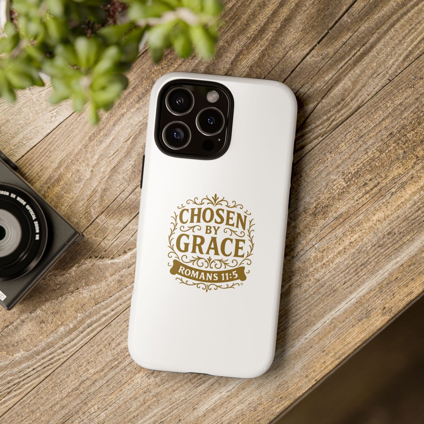 Chosen by Grace (Gold Lettering), Rugged Phone Case, Inspirational Mobile Cover, Gift for Faith Lovers, Faith-Based Protector - Cross Apparel USA