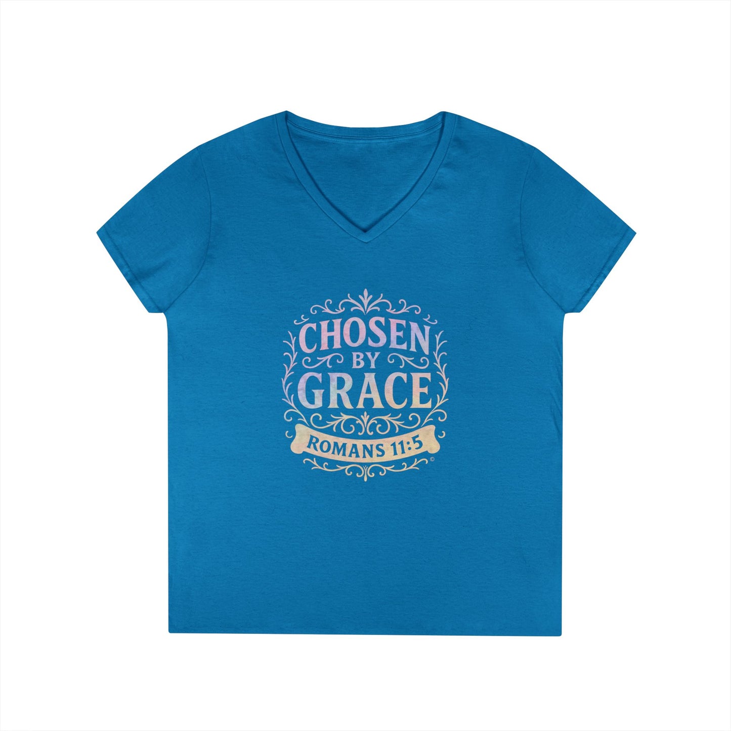 Chosen by Grace (Multi-color Limited Edition) Ladies V-Neck T-Shirt, Inspirational Gift, Faith-Based Gift - Cross Apparel USA