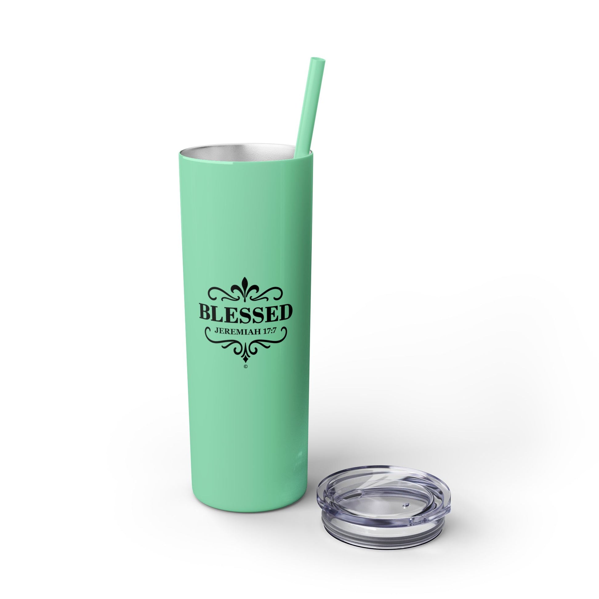 Blessed (Black Lettering) Stylish Skinny Tumbler with Straw, 20oz - Perfect Gift for Believers, Travel Mug, Insulated Drinkware, Inspirational Cup - Cross Apparel USA