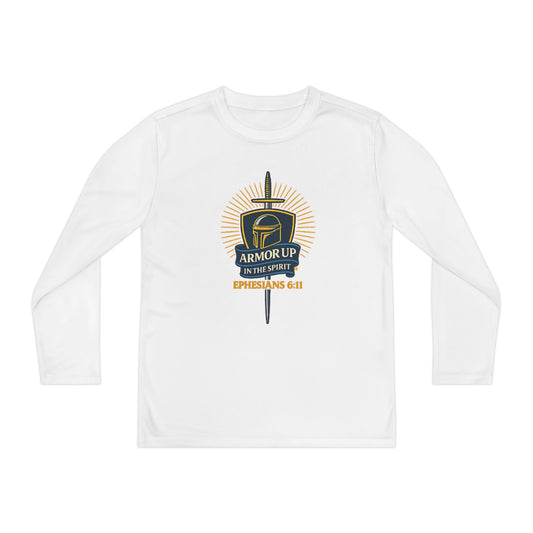 Armor Up (Blue & Gold Lettering) Youth Long Sleeve Armor Up Tee - Inspirational Shirt for Kids, Faith-Based Apparel, Gifts for Believers