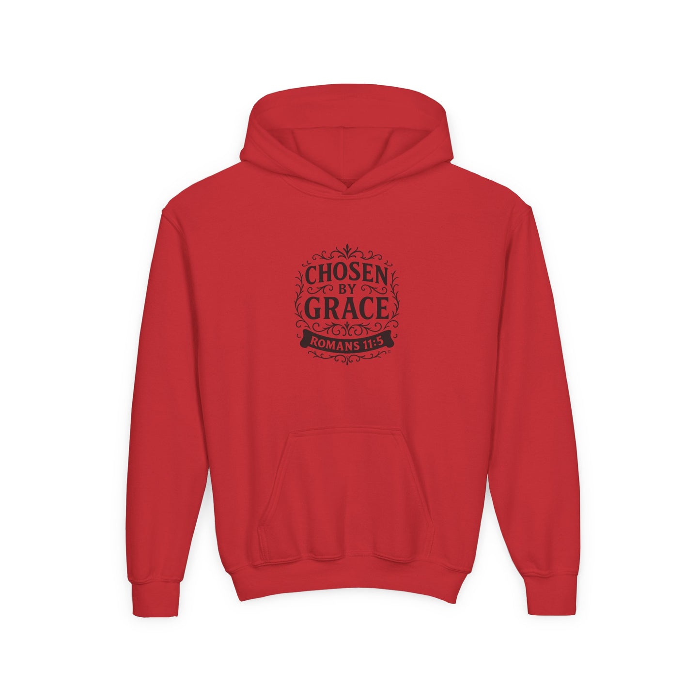 Chosen by Grace (Black Lettering) Youth Heavy Blend Hooded Sweatshirt - Cross Apparel USA