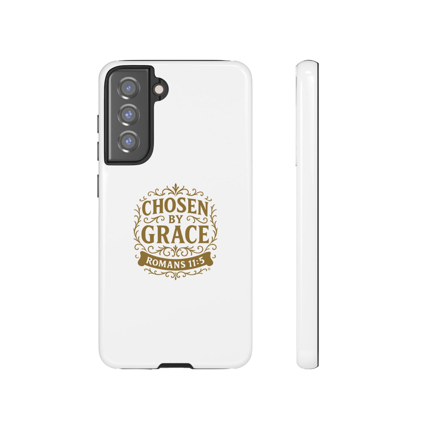 Chosen by Grace (Gold Lettering), Rugged Phone Case, Inspirational Mobile Cover, Gift for Faith Lovers, Faith-Based Protector - Cross Apparel USA