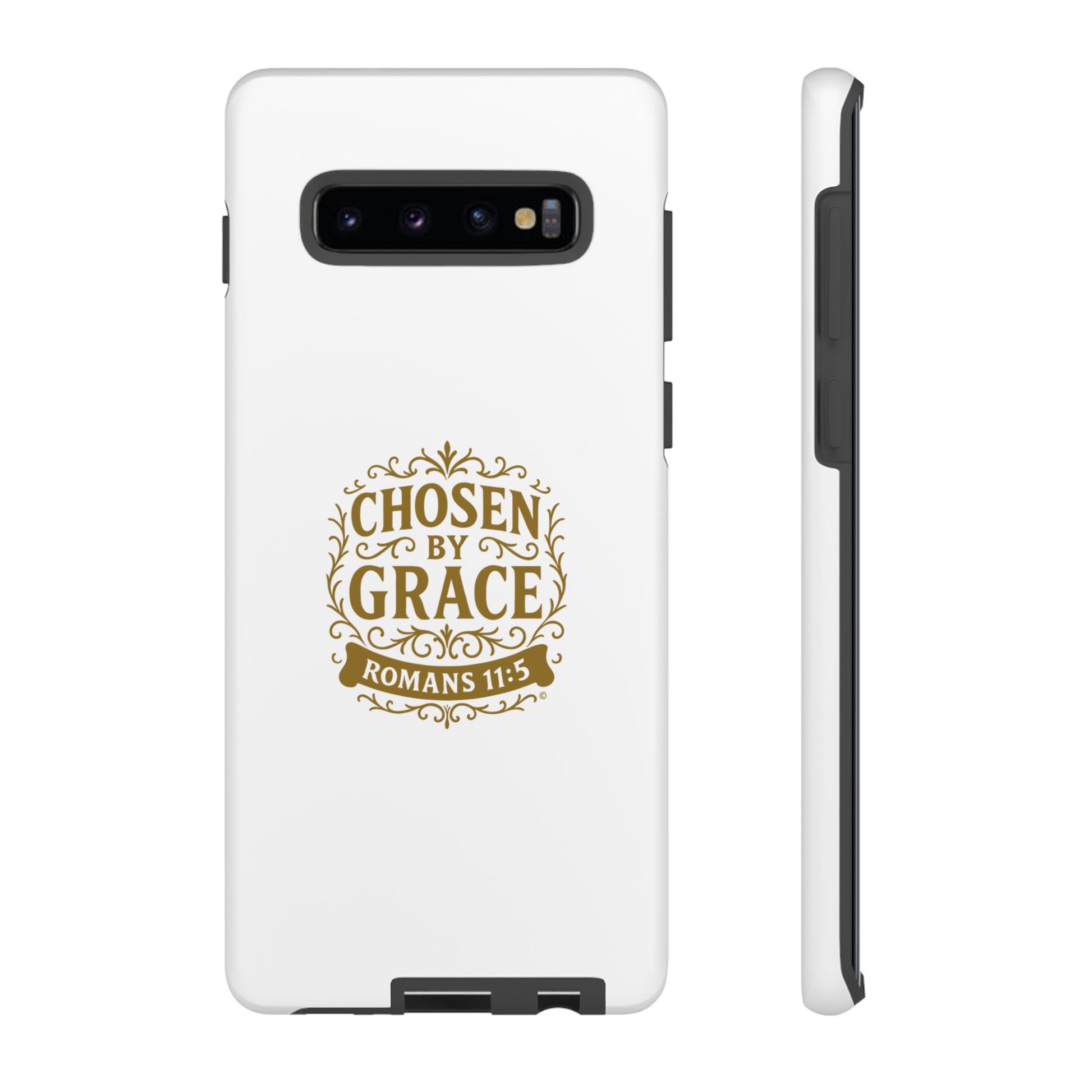 Chosen by Grace (Gold Lettering), Rugged Phone Case, Inspirational Mobile Cover, Gift for Faith Lovers, Faith-Based Protector - Cross Apparel USA