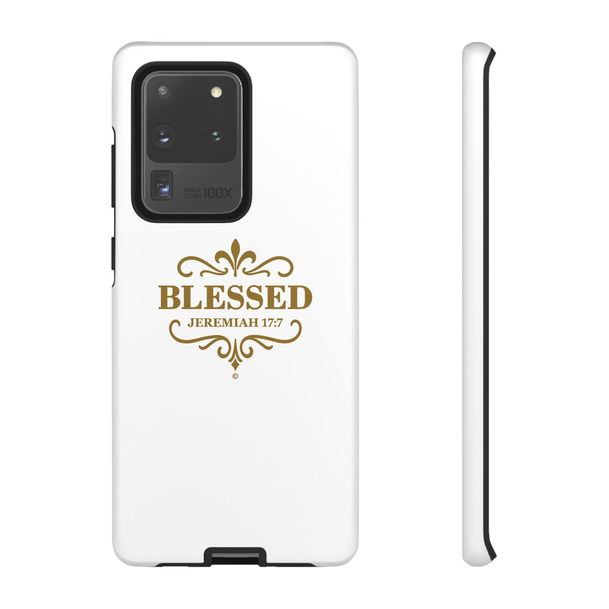 Blessed (Gold Lettering), Rugged Phone Case, Inspirational Mobile Cover, Gift for Faith Lovers, Faith-Based Protector - Cross Apparel USA
