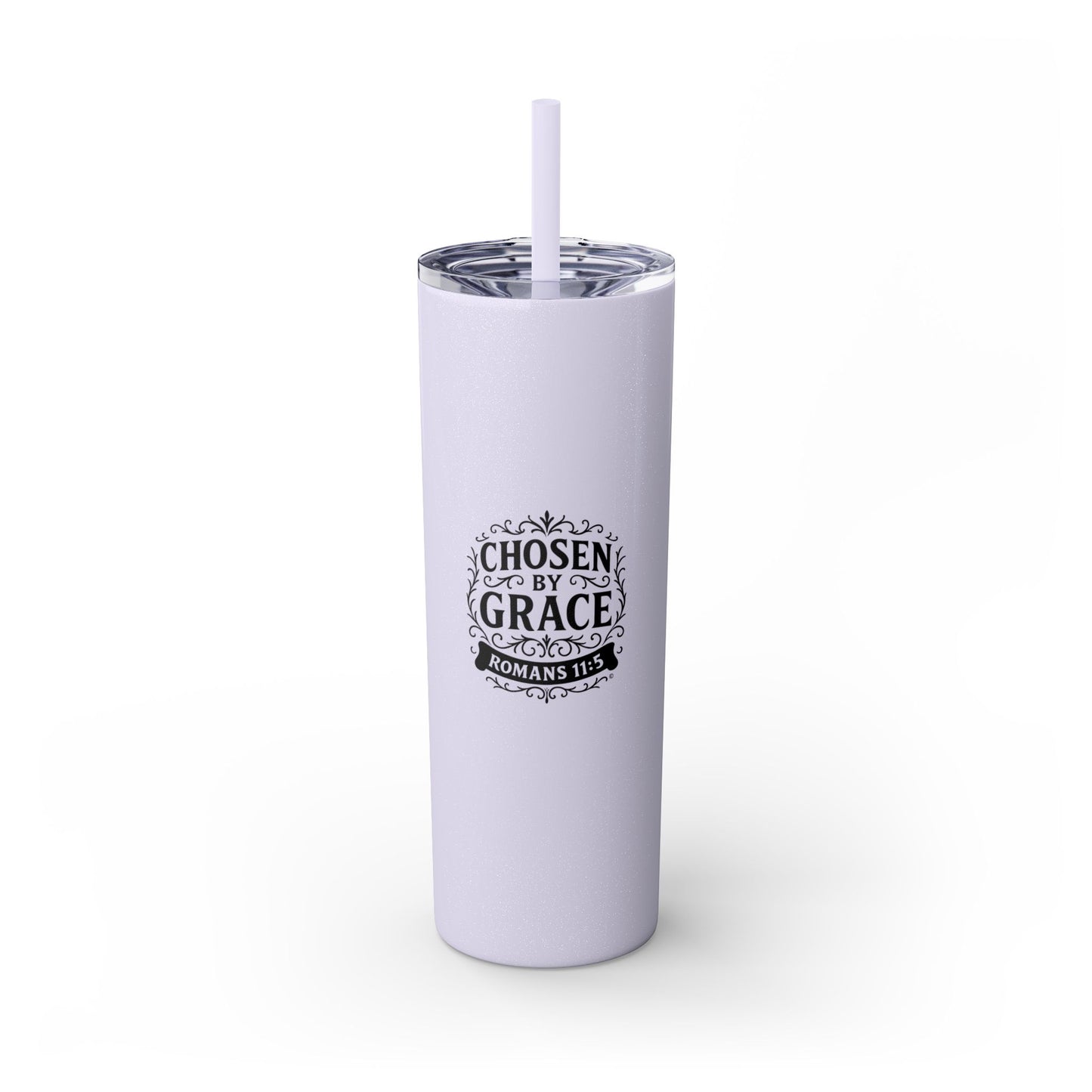 Chosen by Grace (Black Lettering) Stylish Skinny Tumbler with Straw, 20oz - Perfect Gift for Believers, Travel Mug, Insulated Drinkware, Inspirational Cup - Cross Apparel USA