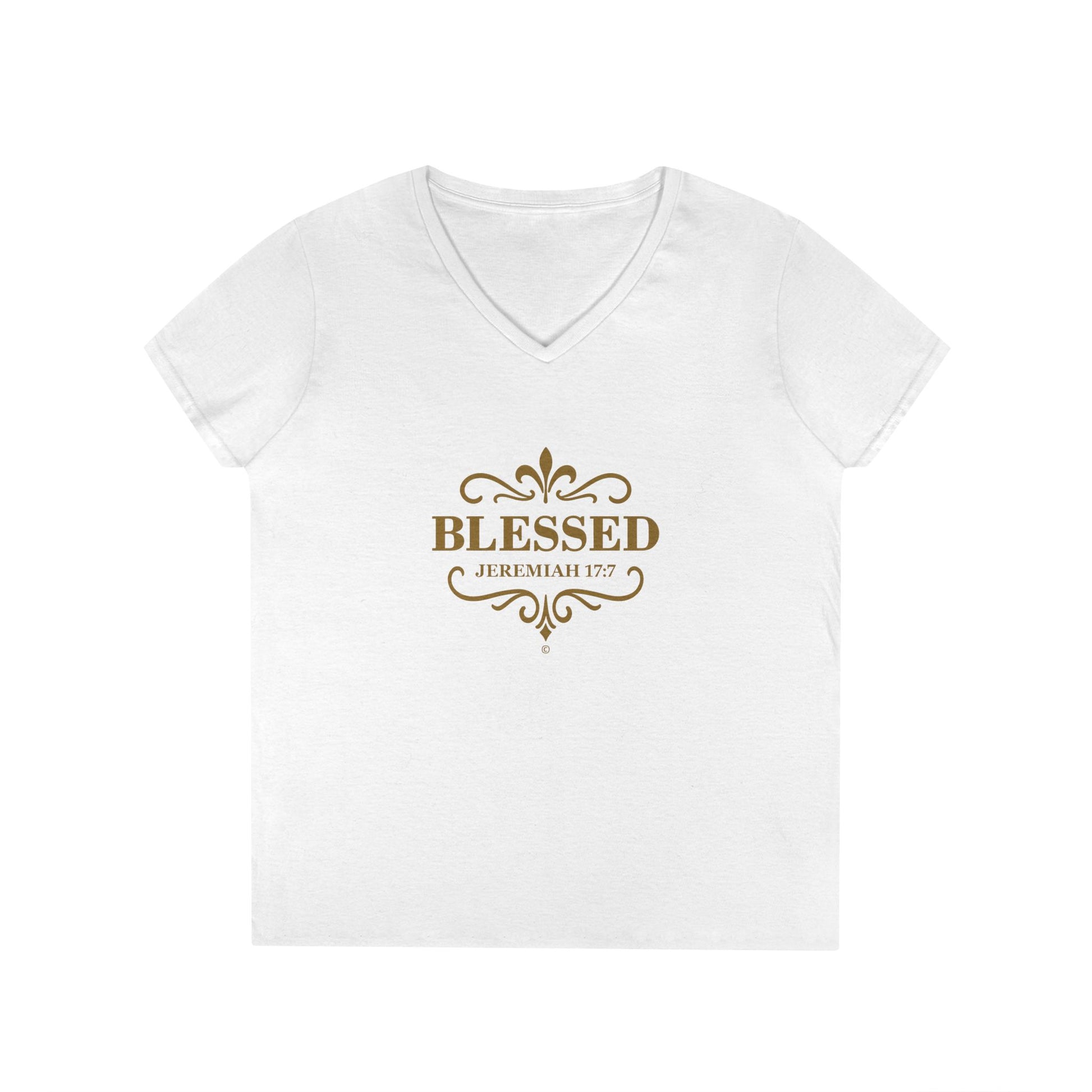 Blessed (Gold Lettering) Ladies V-Neck T-Shirt, Inspirational Gift, Faith-Based Gift - Cross Apparel USA
