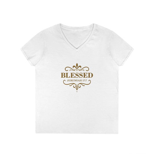Blessed (Gold Lettering) Ladies V-Neck T-Shirt, Inspirational Gift, Faith-Based Gift - Cross Apparel USA
