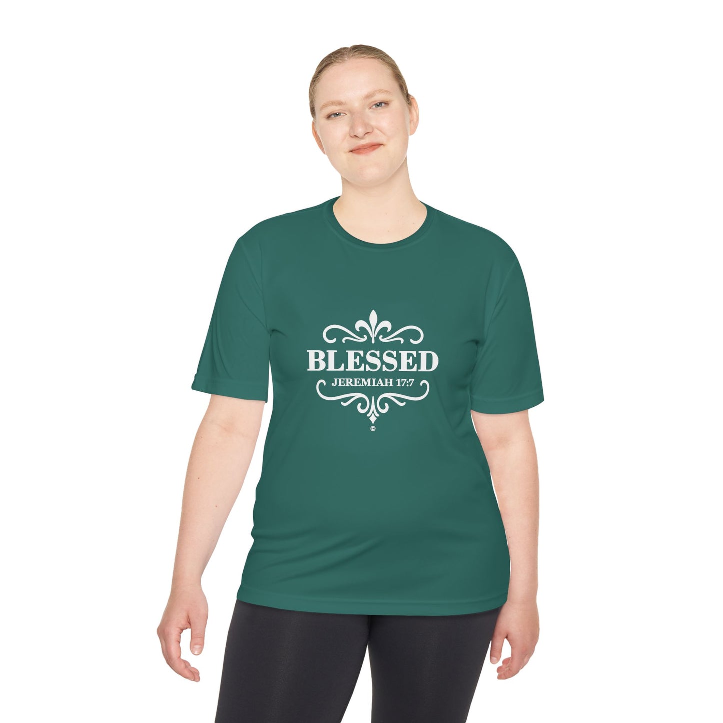 Blessed (White Lettering) Unisex Activewear Performance Moisture Wicking Tee, Faith-Based Workout Shirt, Inspirational Fitness Gear, Gift for Fitness Lovers, Bible Verse T-Shirt - Cross Apparel USA
