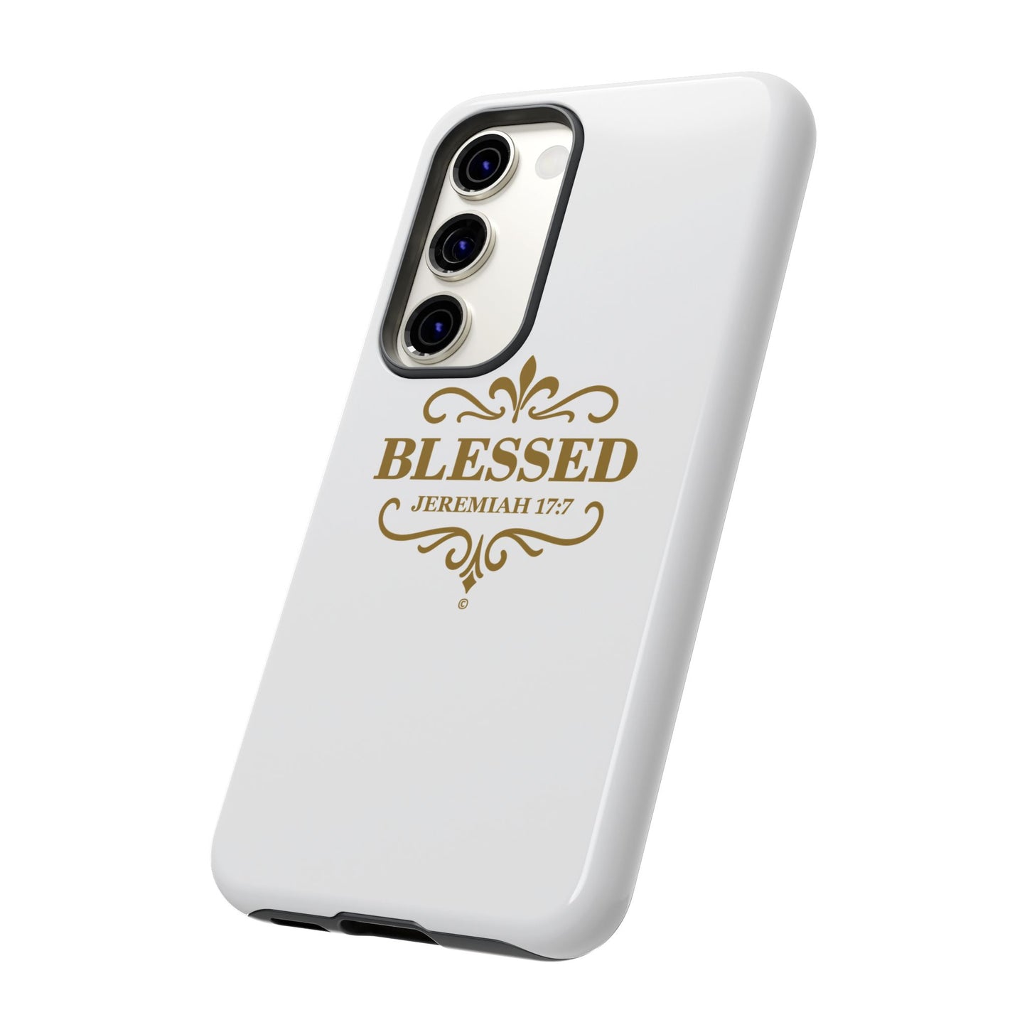 Blessed (Gold Lettering), Rugged Phone Case, Inspirational Mobile Cover, Gift for Faith Lovers, Faith-Based Protector - Cross Apparel USA