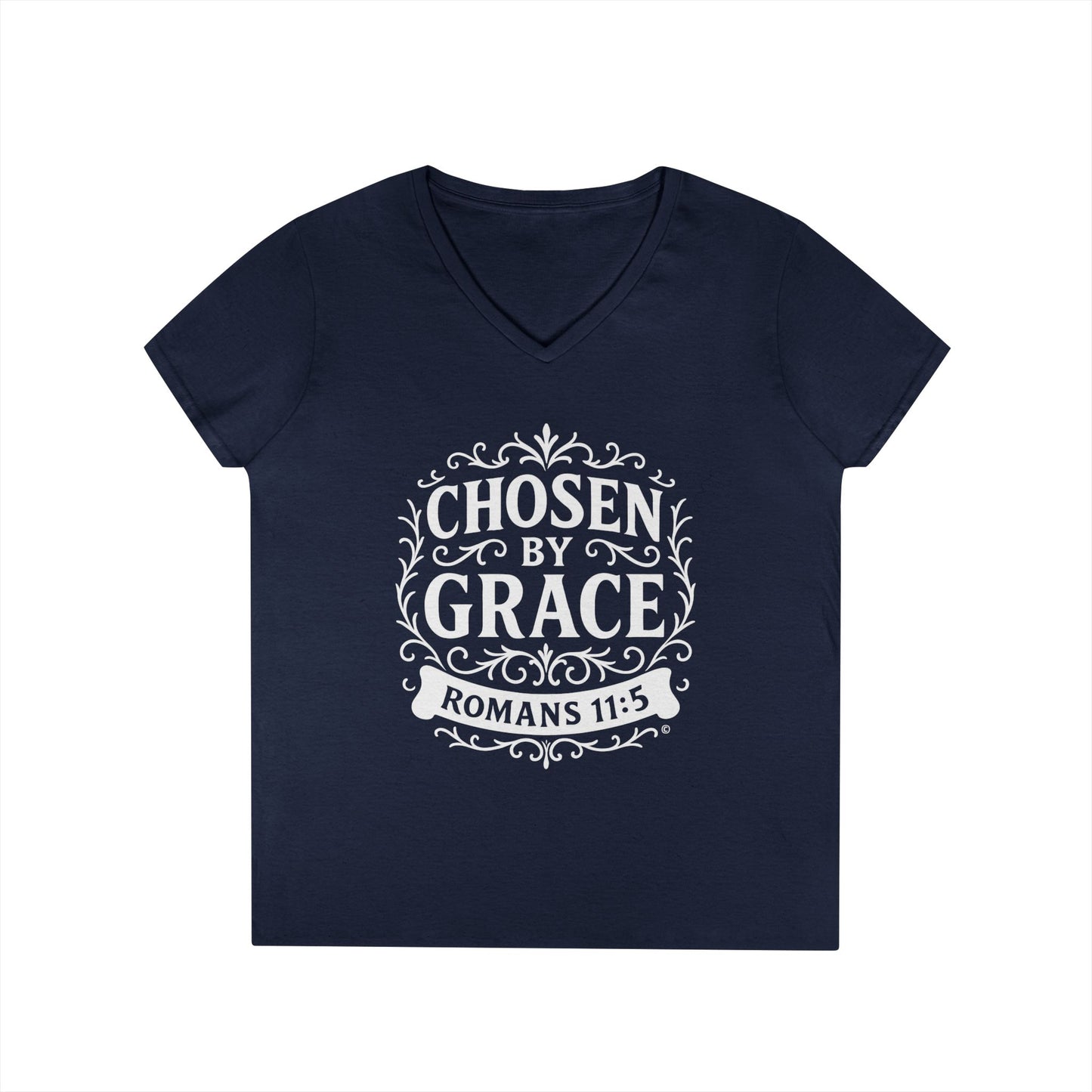 Chosen by Grace (White Lettering) Ladies V-Neck T-Shirt, Inspirational Gift, Faith-Based Gift