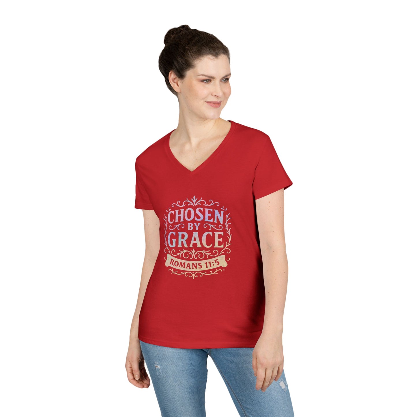 Chosen by Grace (Multi-color Limited Edition) Ladies V-Neck T-Shirt, Inspirational Gift, Faith-Based Gift