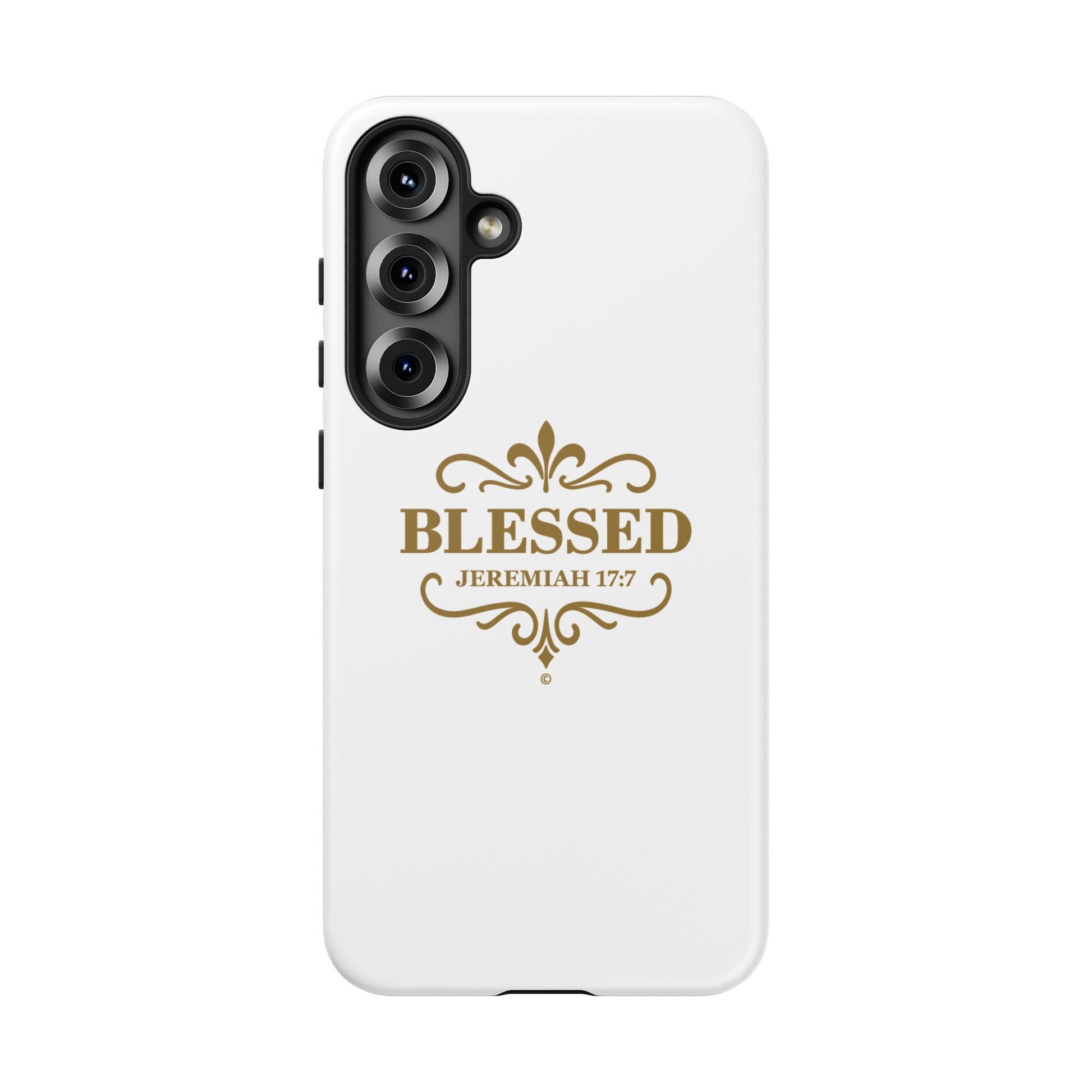 Blessed (Gold Lettering), Rugged Phone Case, Inspirational Mobile Cover, Gift for Faith Lovers, Faith-Based Protector - Cross Apparel USA