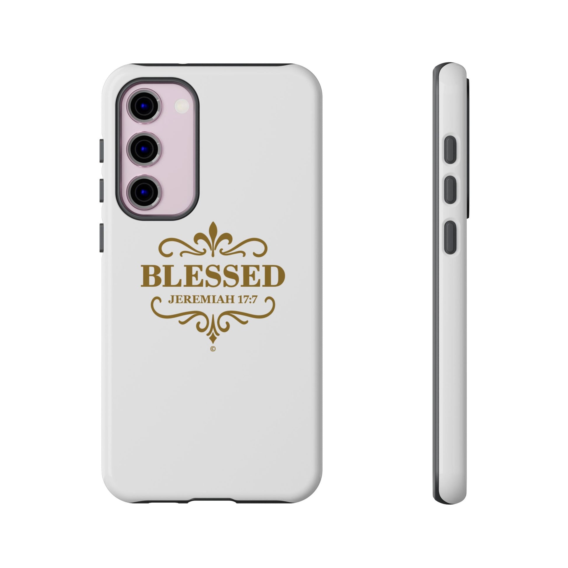 Blessed (Gold Lettering), Rugged Phone Case, Inspirational Mobile Cover, Gift for Faith Lovers, Faith-Based Protector - Cross Apparel USA