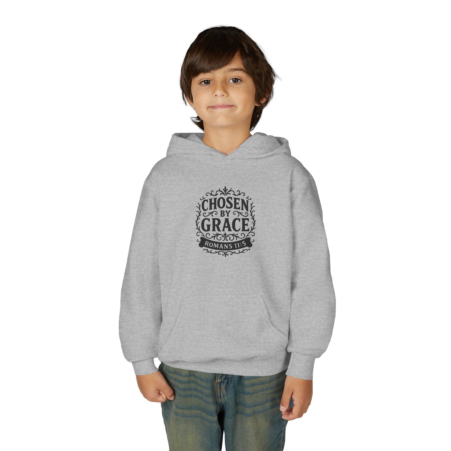 Chosen by Grace (Black Lettering) Youth Heavy Blend Hooded Sweatshirt