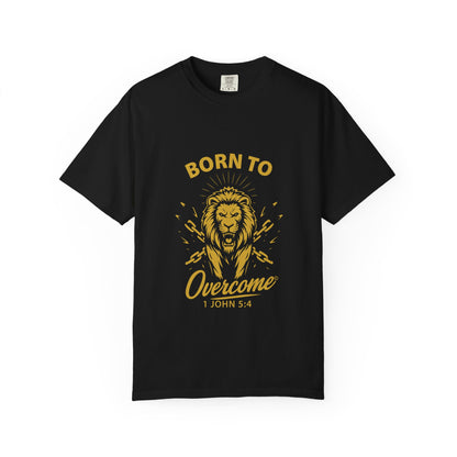Born to Overcome (Gold Lettering) Unisex Faith Tee, Relaxed Fit Shirt, Inspirational Apparel, Gift for Believers - Cross Apparel USA