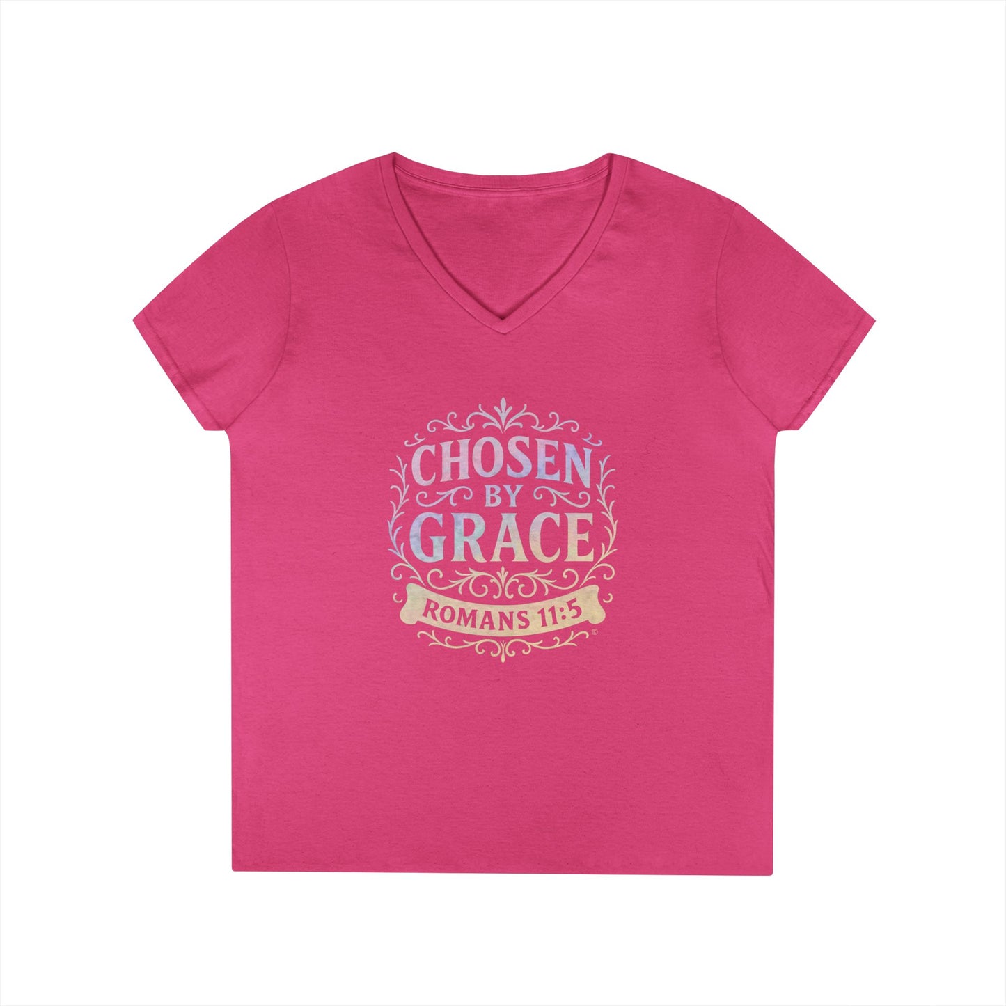 Chosen by Grace (Multi-color Limited Edition) Ladies V-Neck T-Shirt, Inspirational Gift, Faith-Based Gift