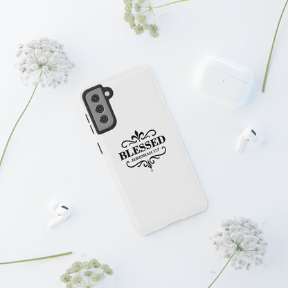 Blessed (Black Lettering), Rugged Phone Case, Inspirational Mobile Cover, Gift for Faith Lovers, Faith-Based Protector