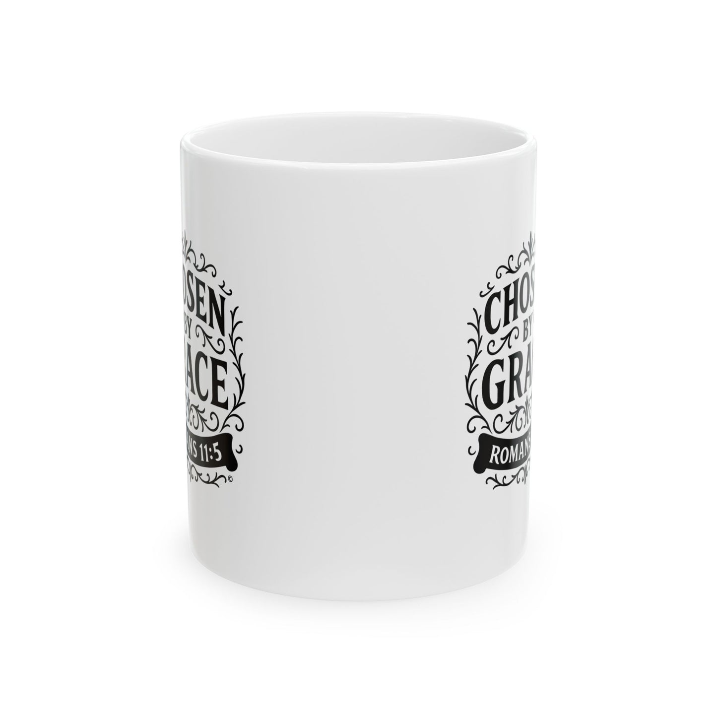 Chosen by Grace (Black Lettering) Ceramic Mug, Inspirational Gift, Coffee Cup for Faith, Gift of Believers, Devotional Drinkware (11oz, 15oz) - Cross Apparel USA